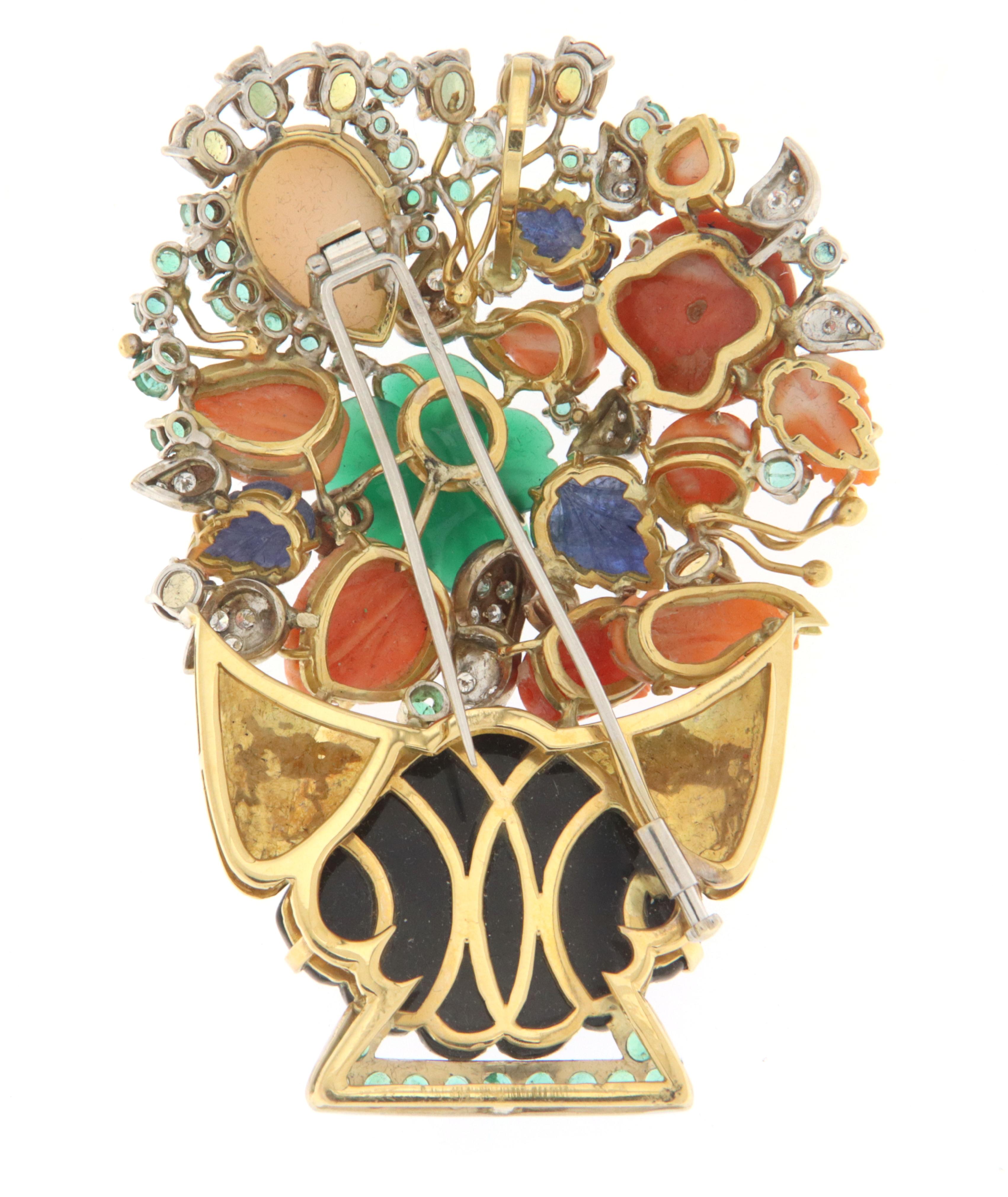 Brilliant Cut Vase Diamonds Coral Onyx Emeralds Sapphires 18 Karat Gold Brooch Pendant For Sale