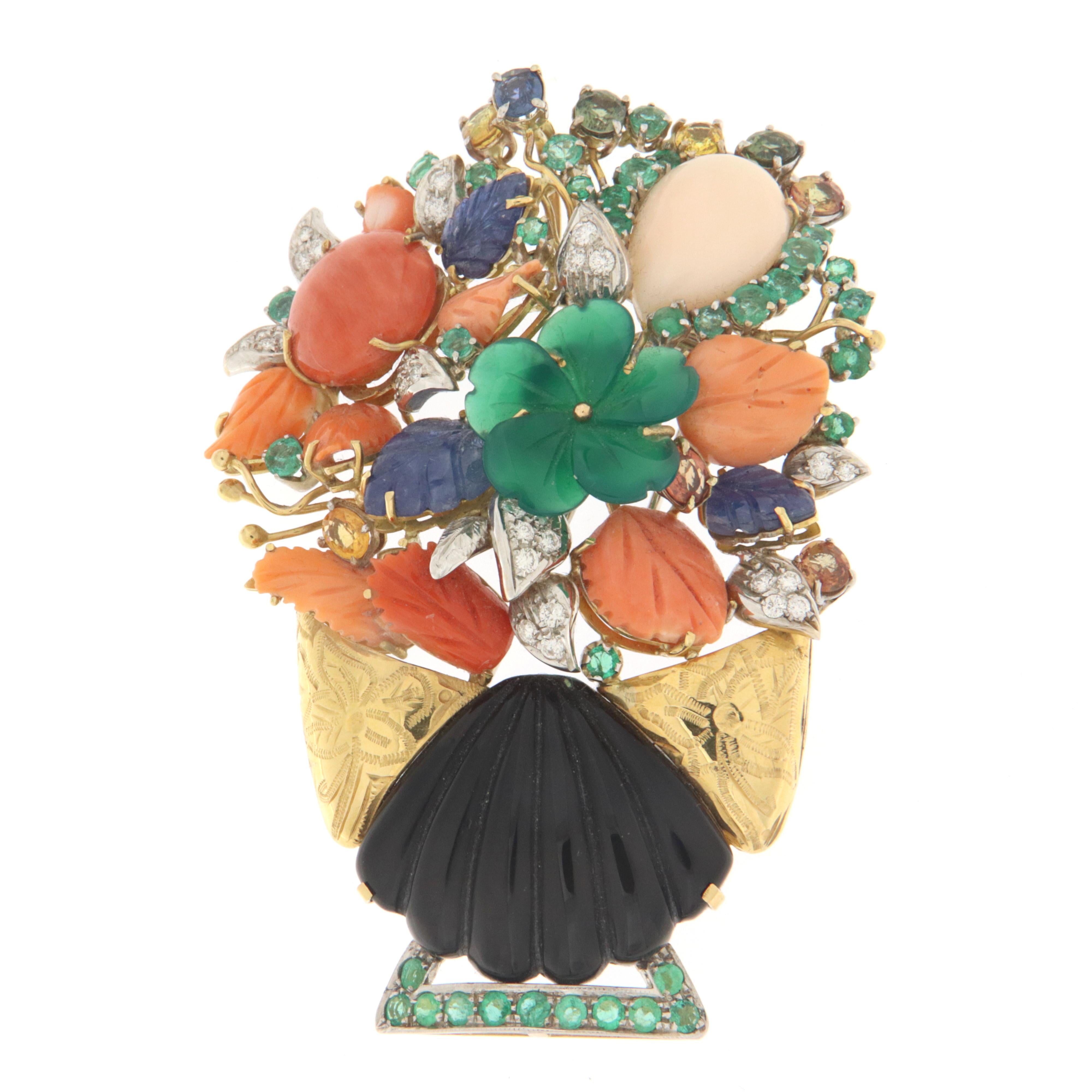Vase Diamonds Coral Onyx Emeralds Sapphires 18 Karat Gold Brooch Pendant In New Condition For Sale In Marcianise, IT