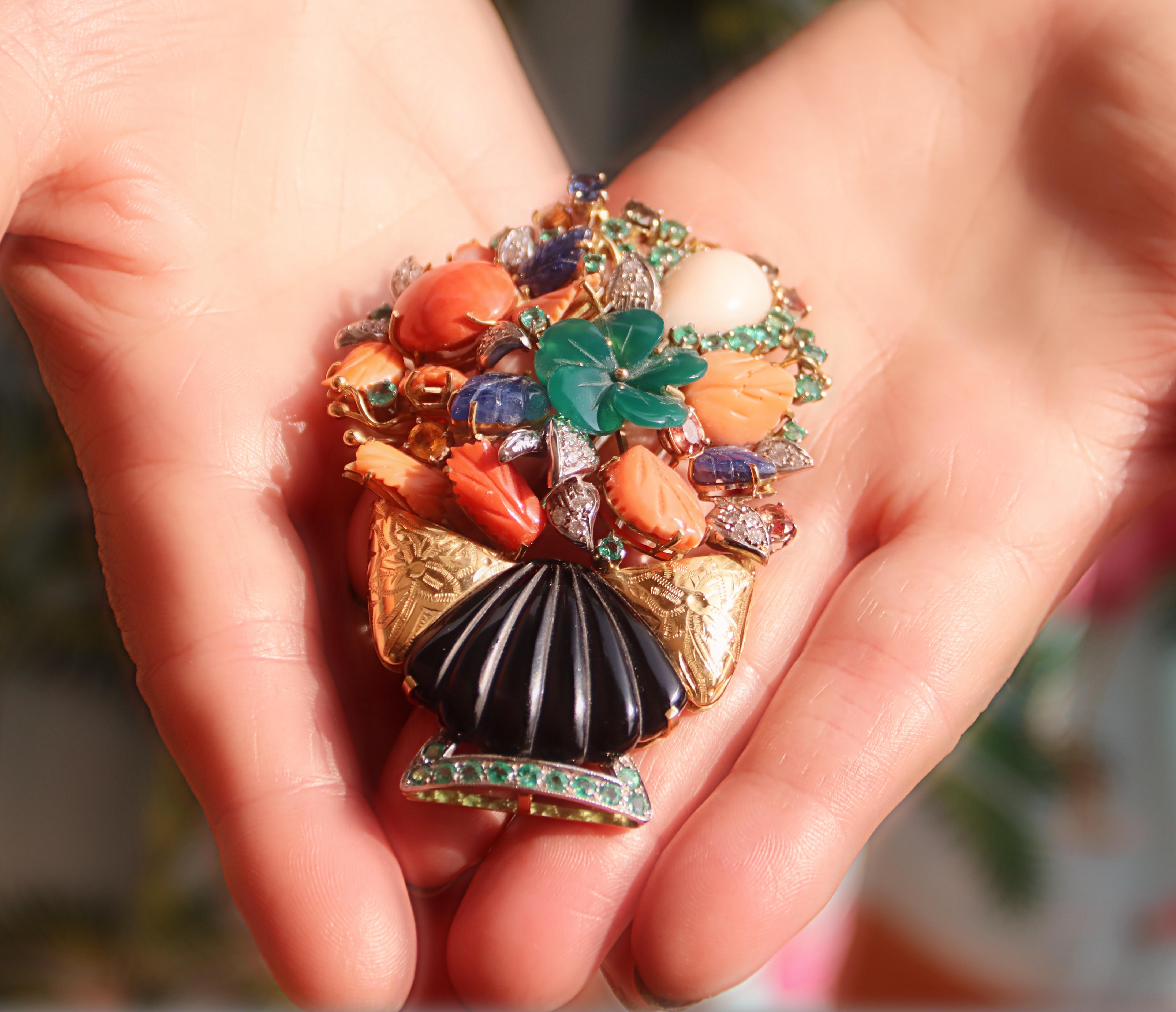 Vase Diamonds Coral Onyx Emeralds Sapphires 18 Karat Gold Brooch Pendant For Sale 1