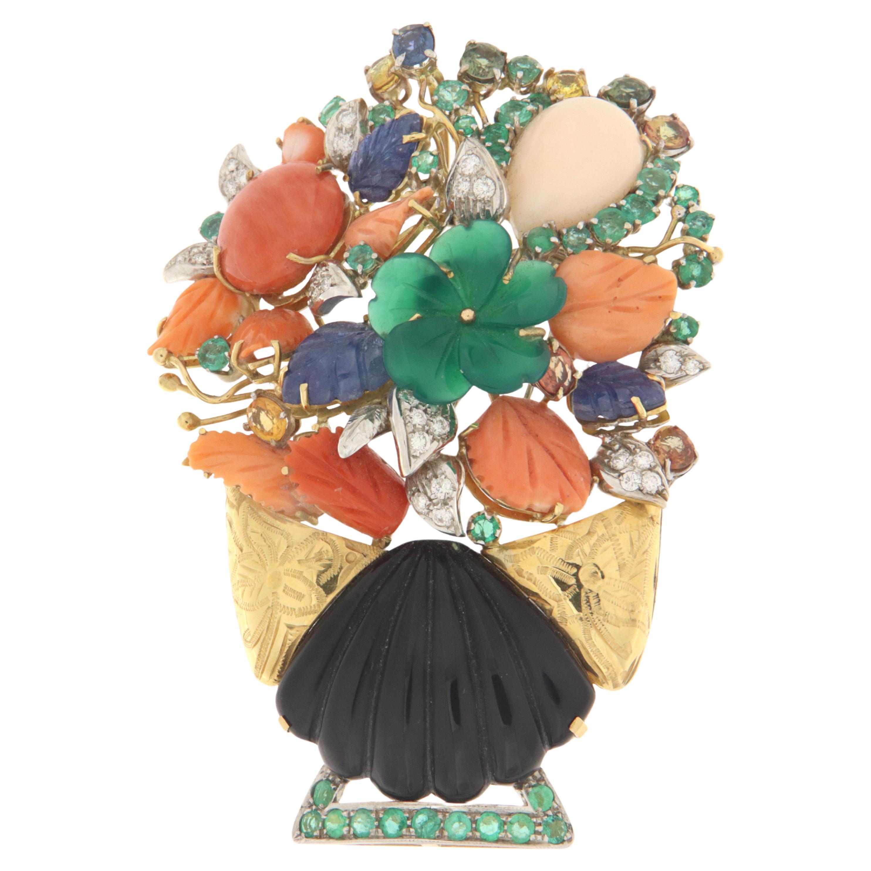 Vase Diamonds Coral Onyx Emeralds Sapphires 18 Karat Gold Brooch Pendant