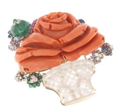 Vase Diamonds Coral Rubies Emeralds Sapphires Crystal Rock 18 Karat Gold Brooch