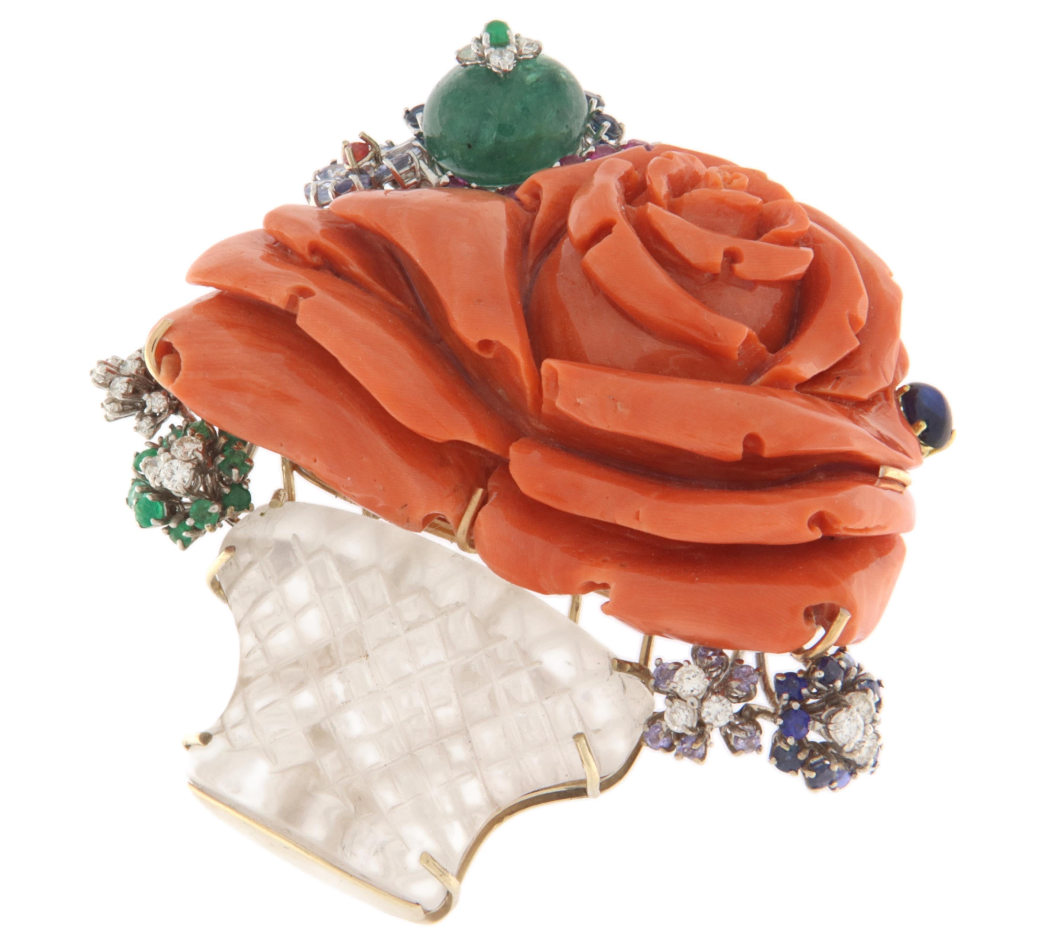 Artisan Vase Diamonds Coral Rubies Emeralds Sapphires Crystal Rock 18 Karat Gold Brooch For Sale