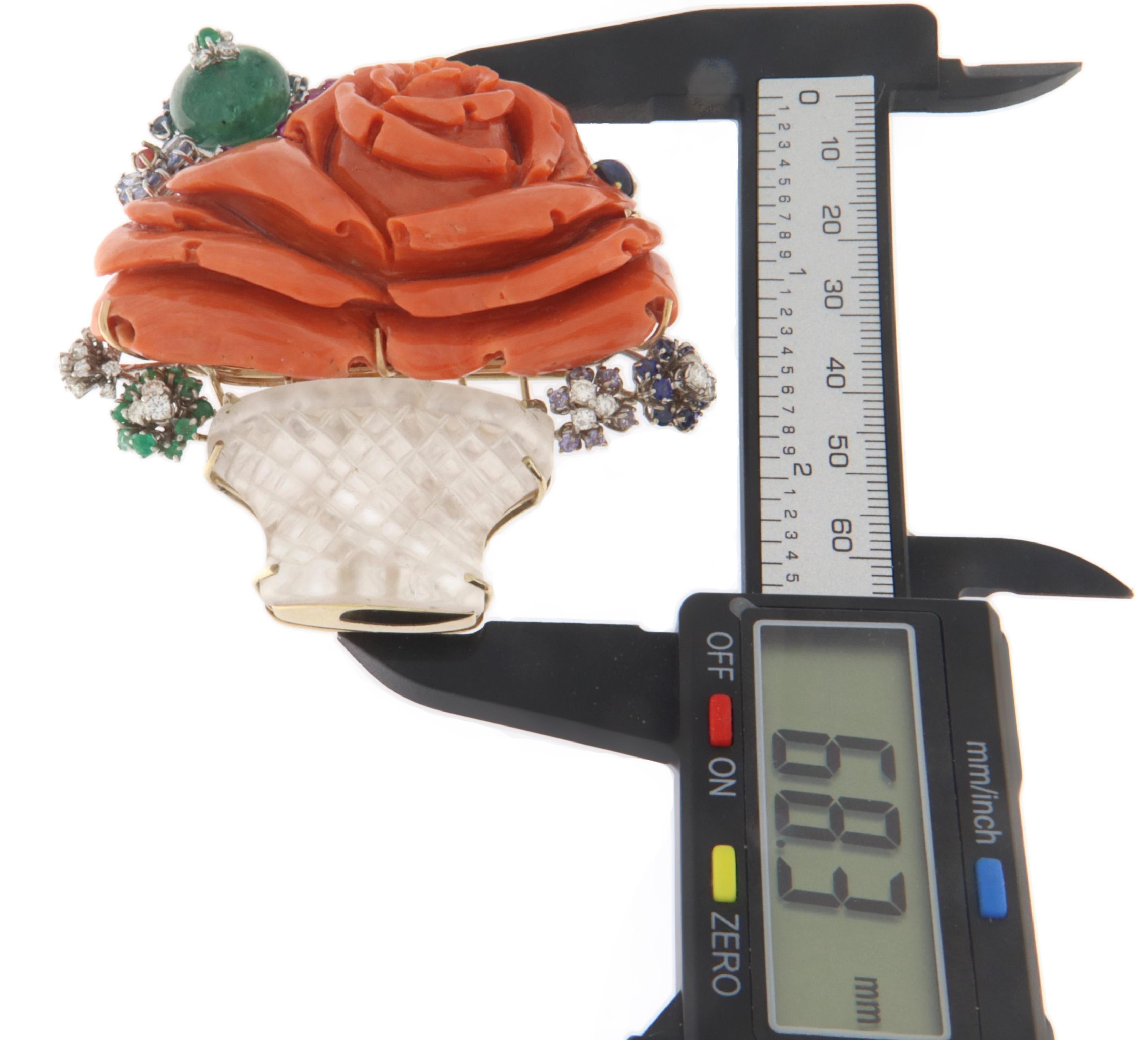 Brilliant Cut Vase Diamonds Coral Rubies Emeralds Sapphires Crystal Rock 18 Karat Gold Brooch For Sale