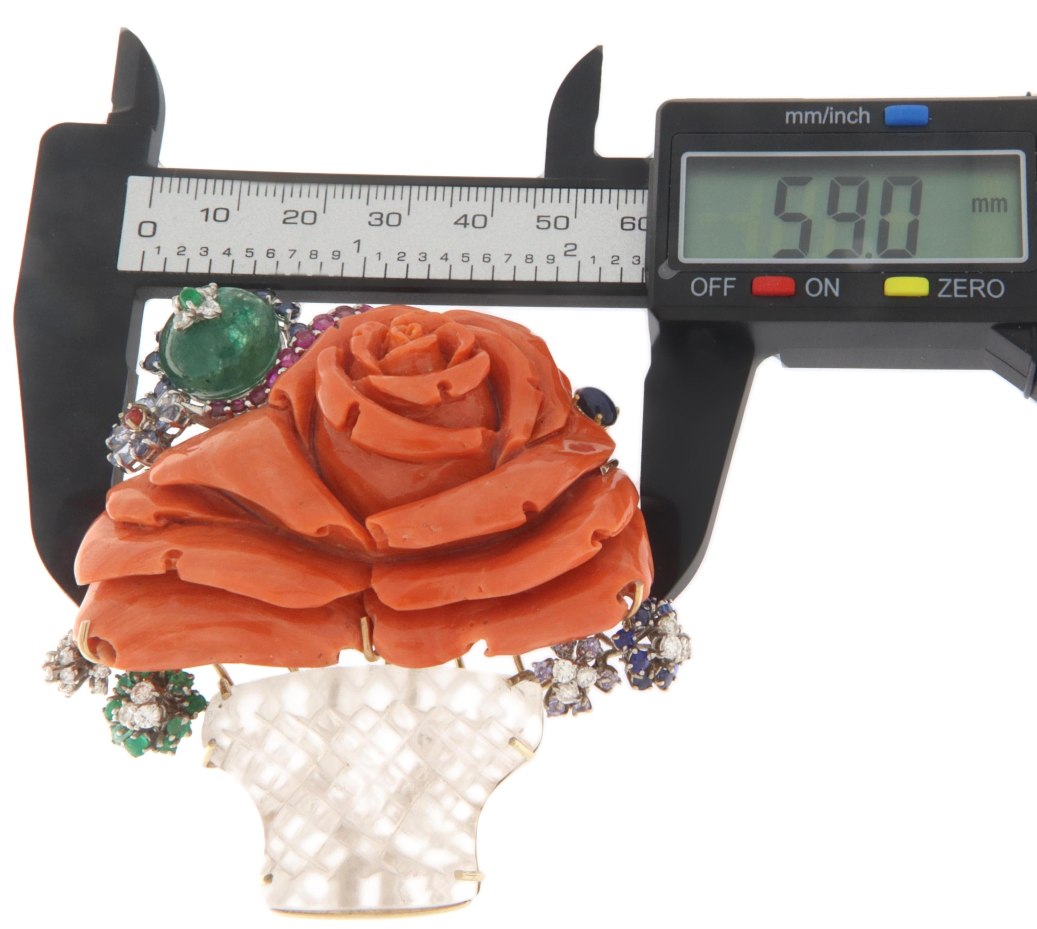 Vase Diamonds Coral Rubies Emeralds Sapphires Crystal Rock 18 Karat Gold Brooch In New Condition For Sale In Marcianise, IT