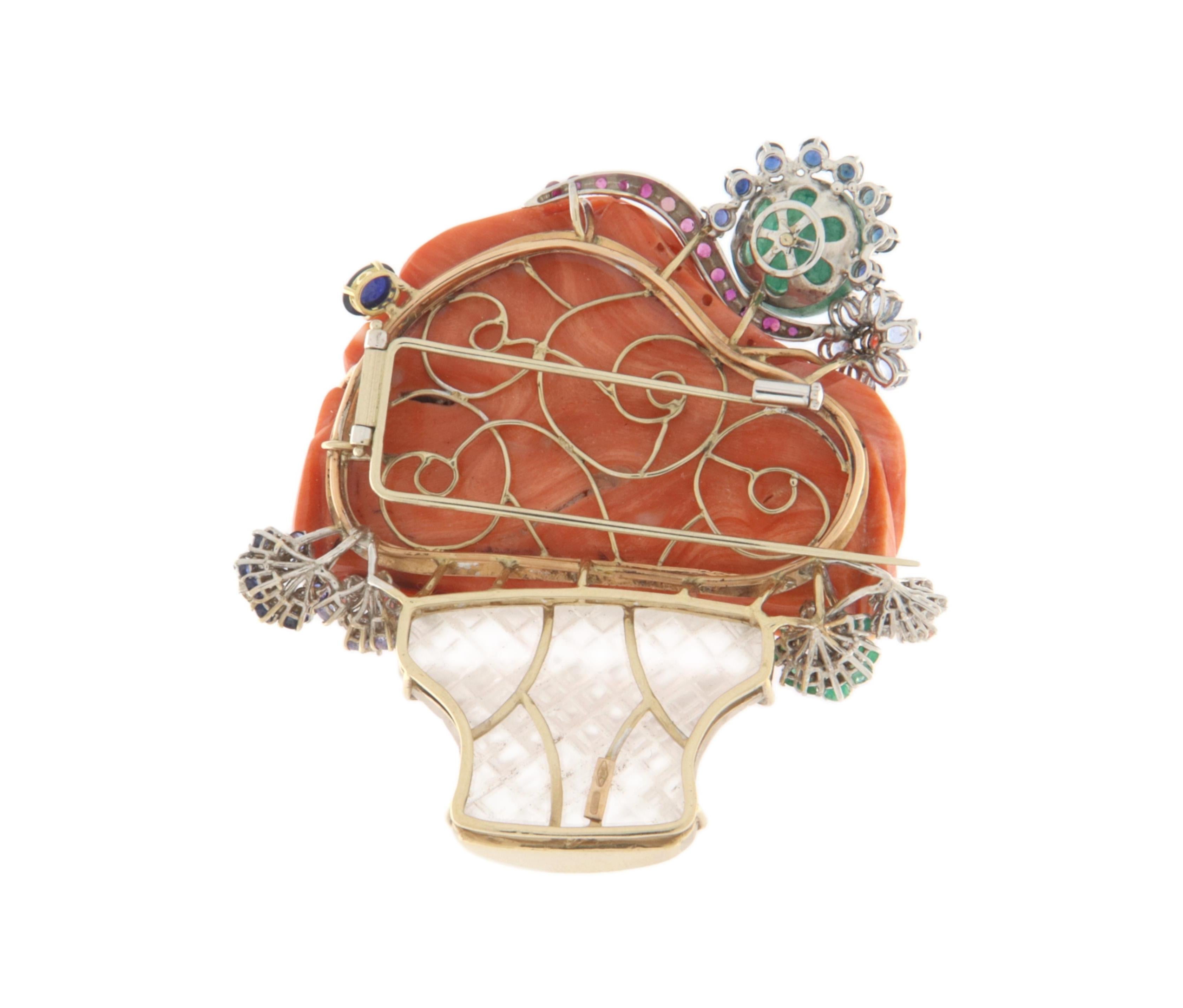 Women's Vase Diamonds Coral Rubies Emeralds Sapphires Crystal Rock 18 Karat Gold Brooch For Sale