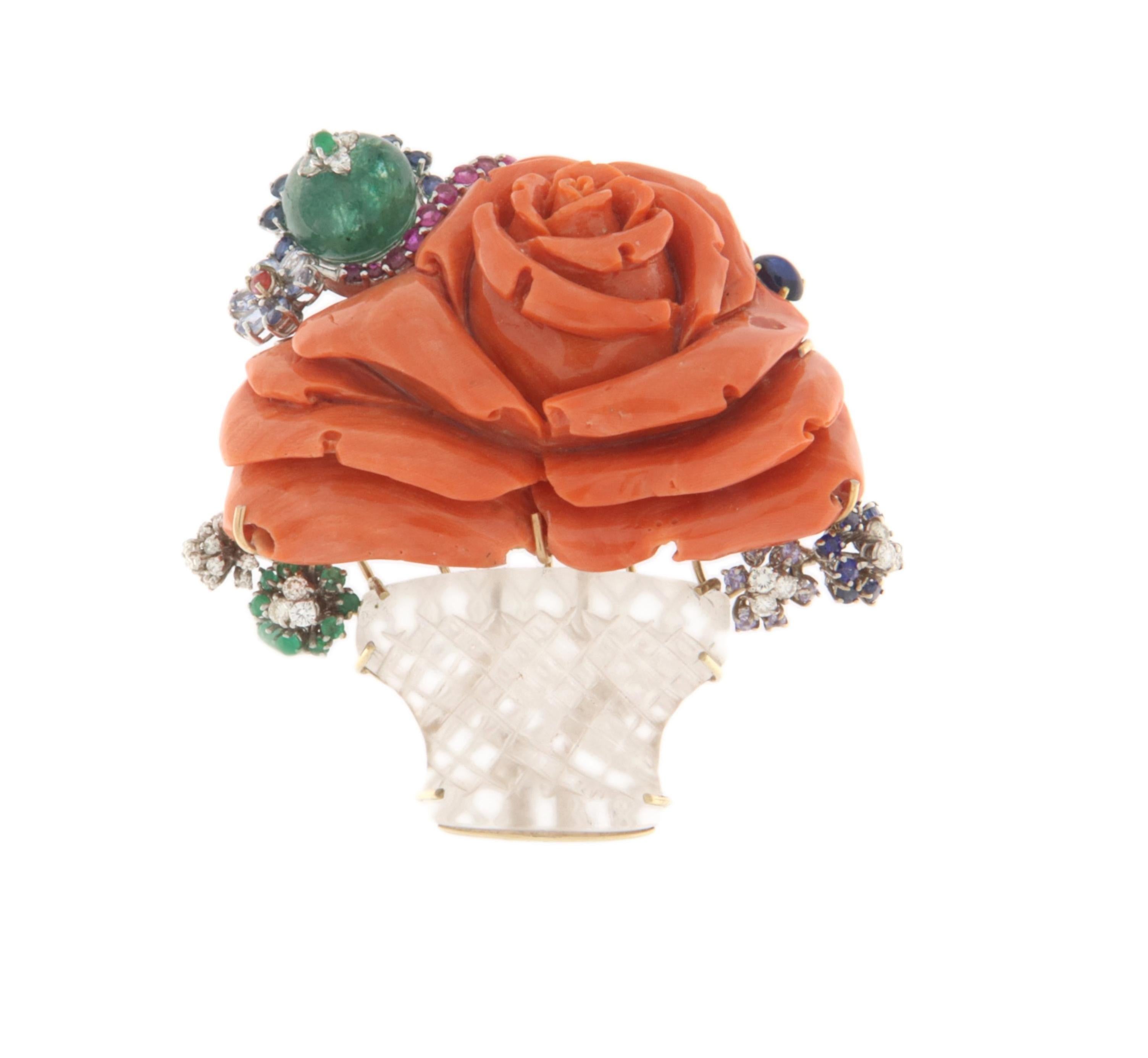 Vase Diamonds Coral Rubies Emeralds Sapphires Crystal Rock 18 Karat Gold Brooch For Sale 1