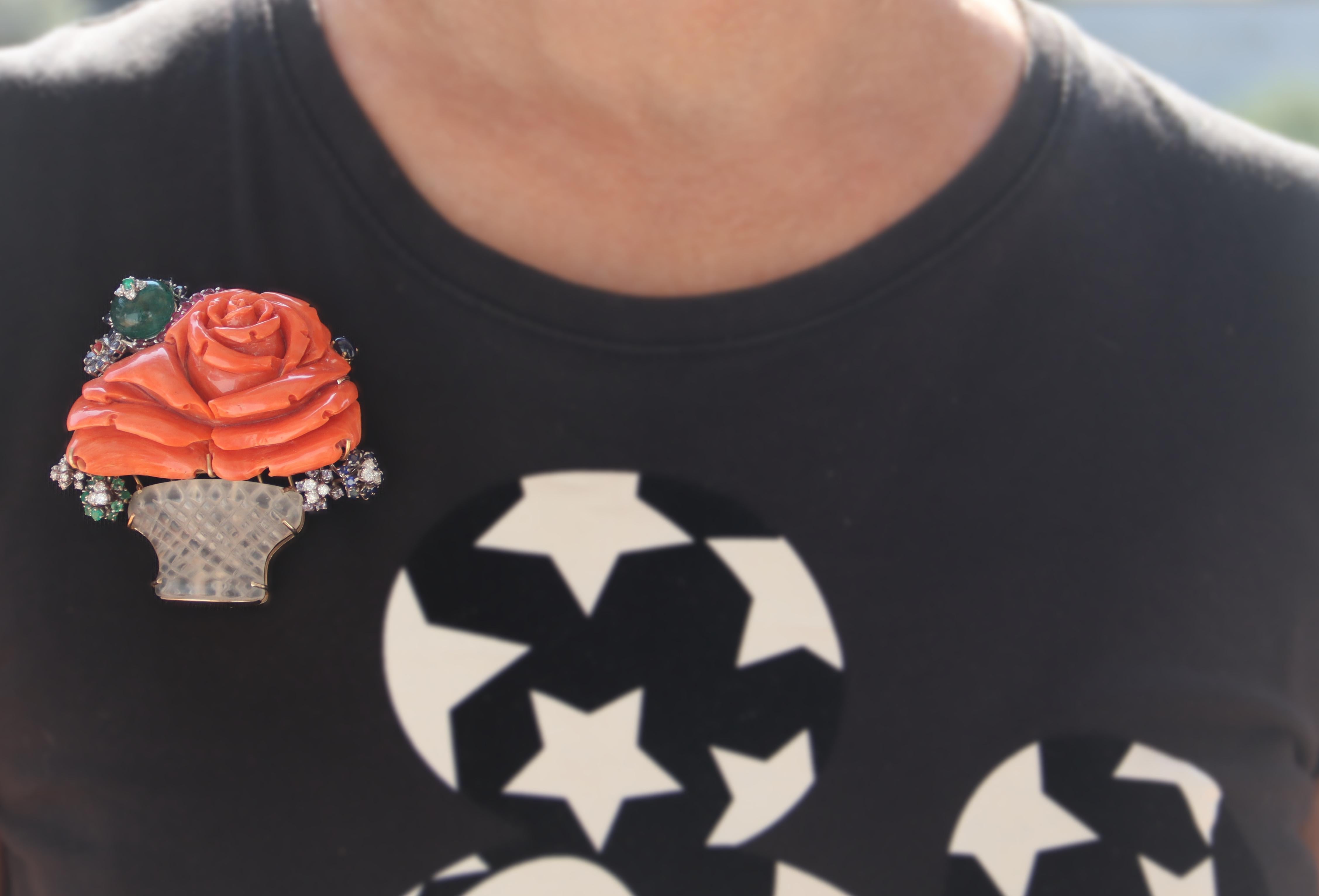 Vase Diamonds Coral Rubies Emeralds Sapphires Crystal Rock 18 Karat Gold Brooch For Sale 2