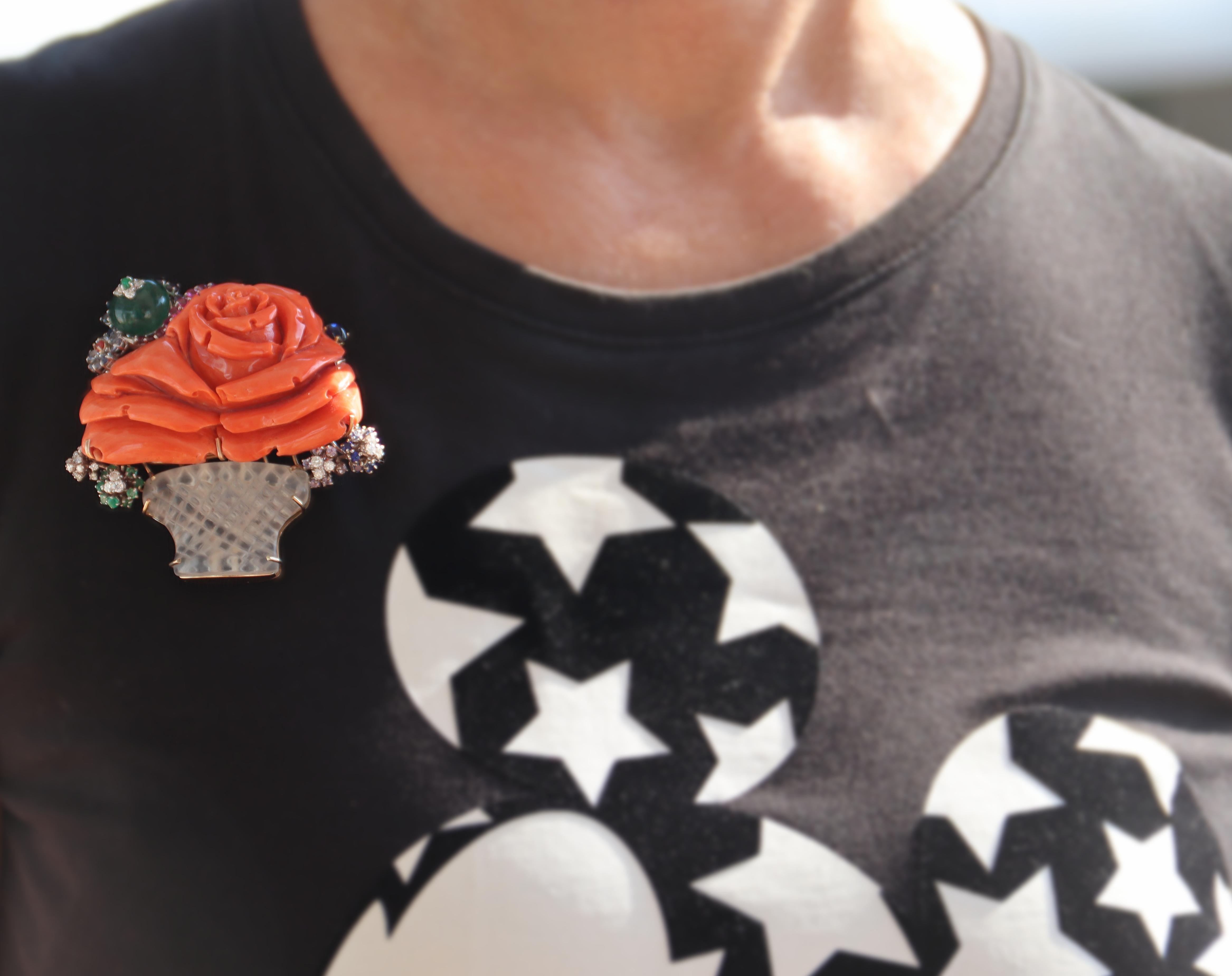 Vase Diamonds Coral Rubies Emeralds Sapphires Crystal Rock 18 Karat Gold Brooch For Sale 3