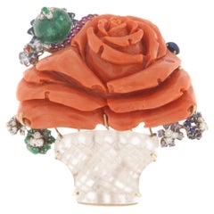 Jarrón Diamantes Coral Rubíes Esmeraldas Zafiros Cristal Roca Broche Oro 18 Kilates