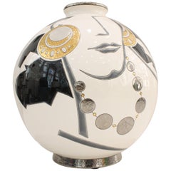 Vase Emaux de Longwy, Femme au collier Art Deco