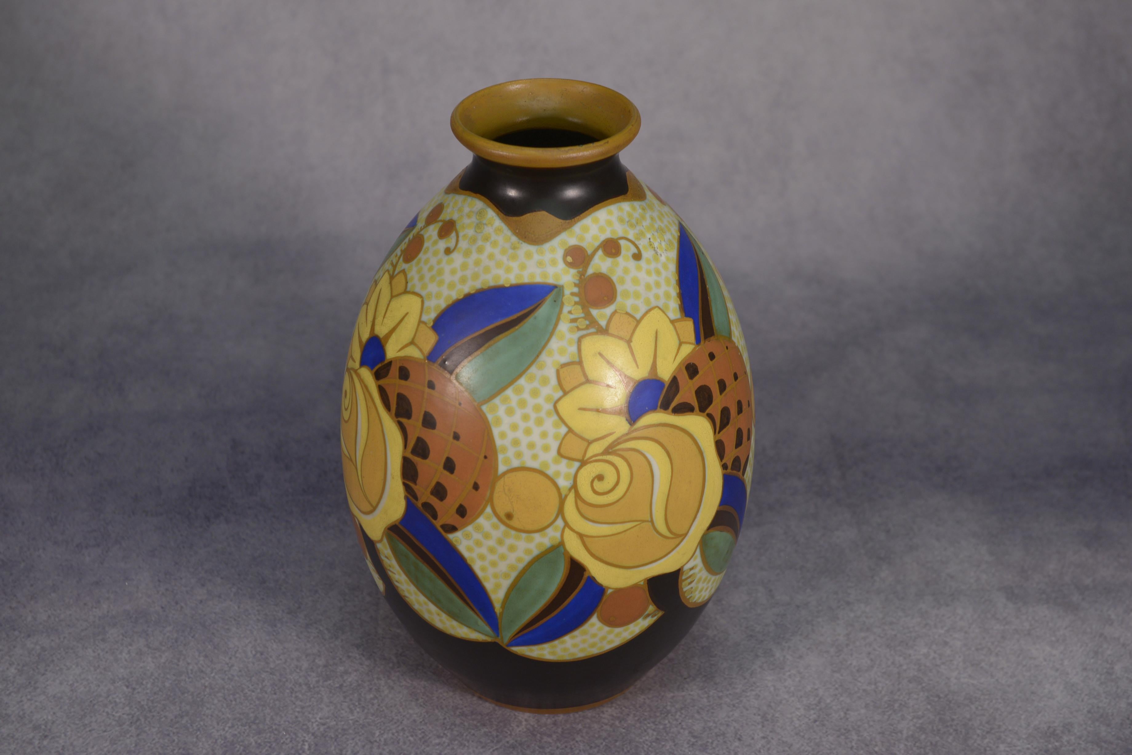 Vase en céramique Art Déco KERAMIS signé Vittorio BONUZZI Modèle D1854 N°975 (Frühes 20. Jahrhundert) im Angebot
