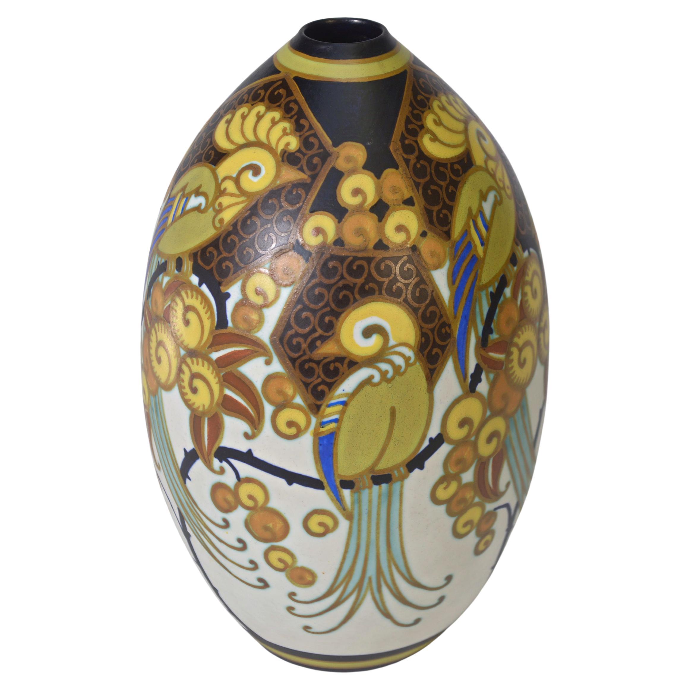 Jarrón en porcelana Art Déco KERAMIS signé Jan WIND "Oiseaux de Paradis"