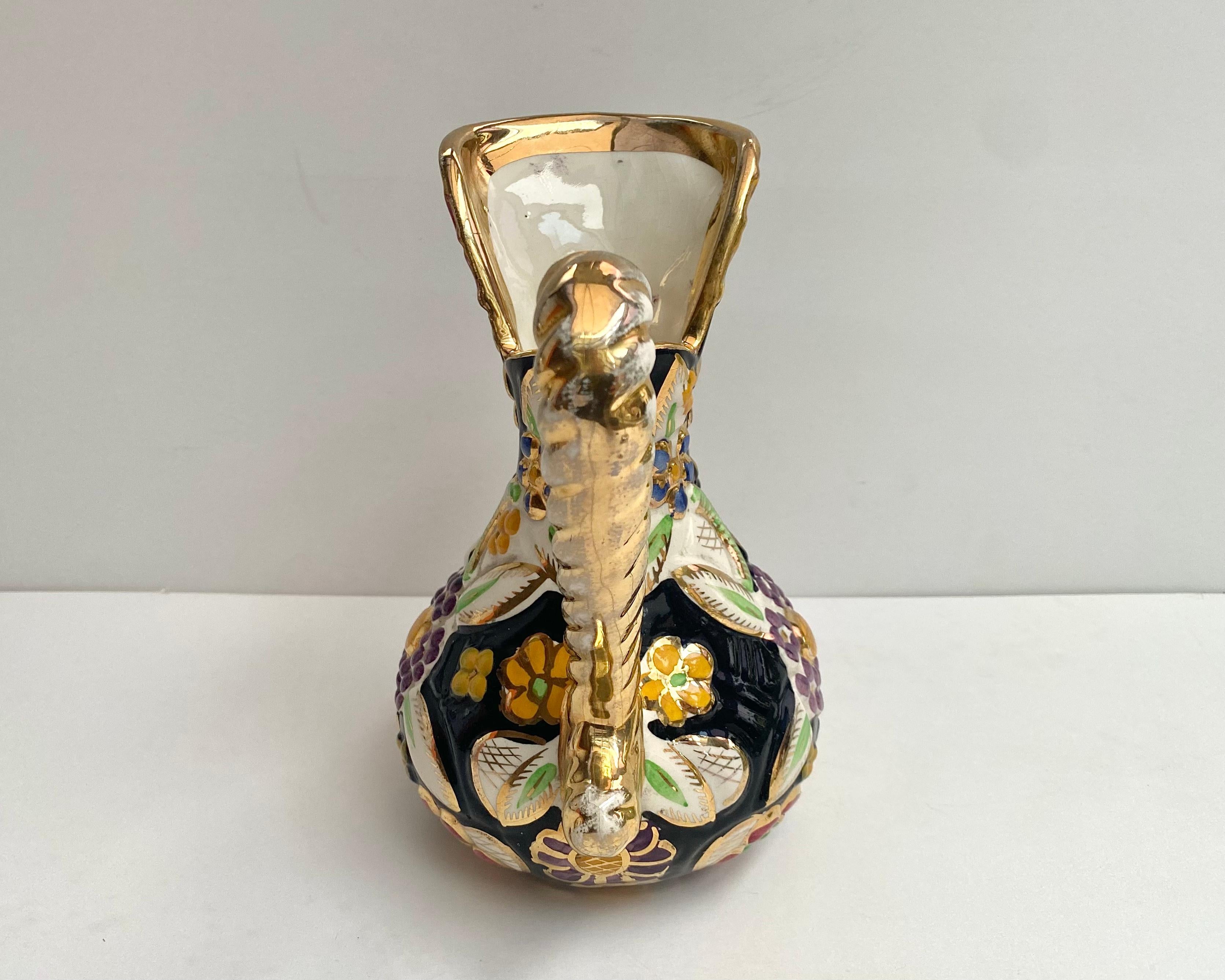 Gold Plate Vase Enamelled Ceramic Vintage Pitcher Hubert Bequet Floral Vase Belgium 1950 For Sale