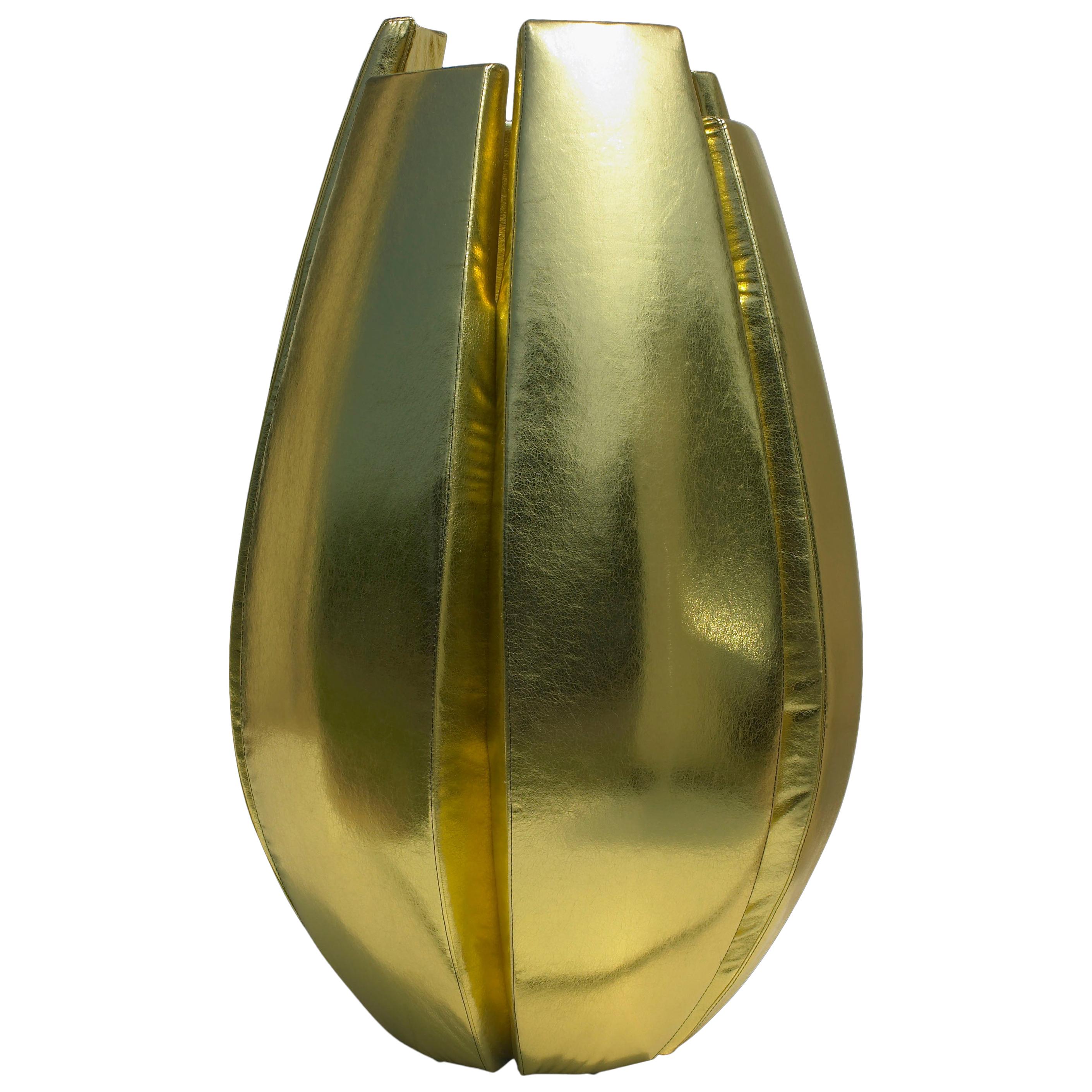 Vase Fat Pumpkin, Upholstered, Gold Faux Leather, Italy For Sale