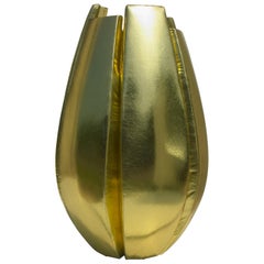 Vase Fat Pumpkin, Upholstered, Gold Faux Leather, Italy