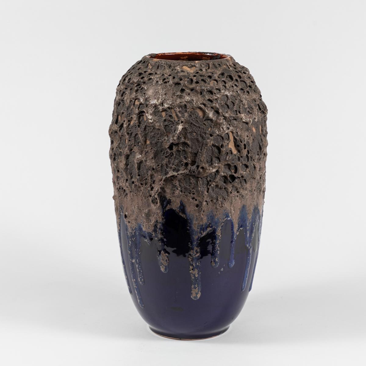French Blue and Brown Textured Pottery Vase