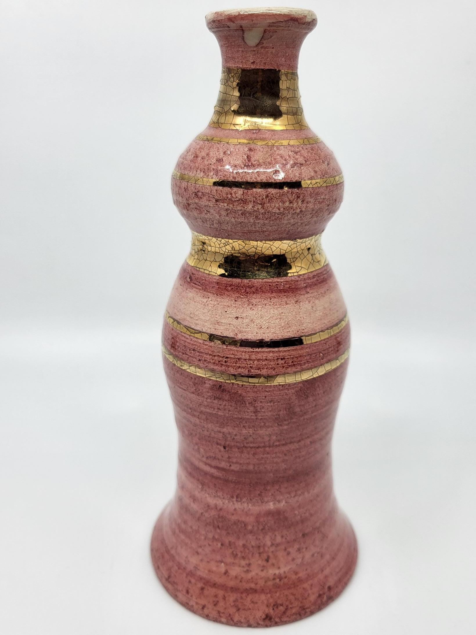 Enameled Vase Georges Pelletier céramique Francaise rose doré à l'or French Riviera 1970 For Sale