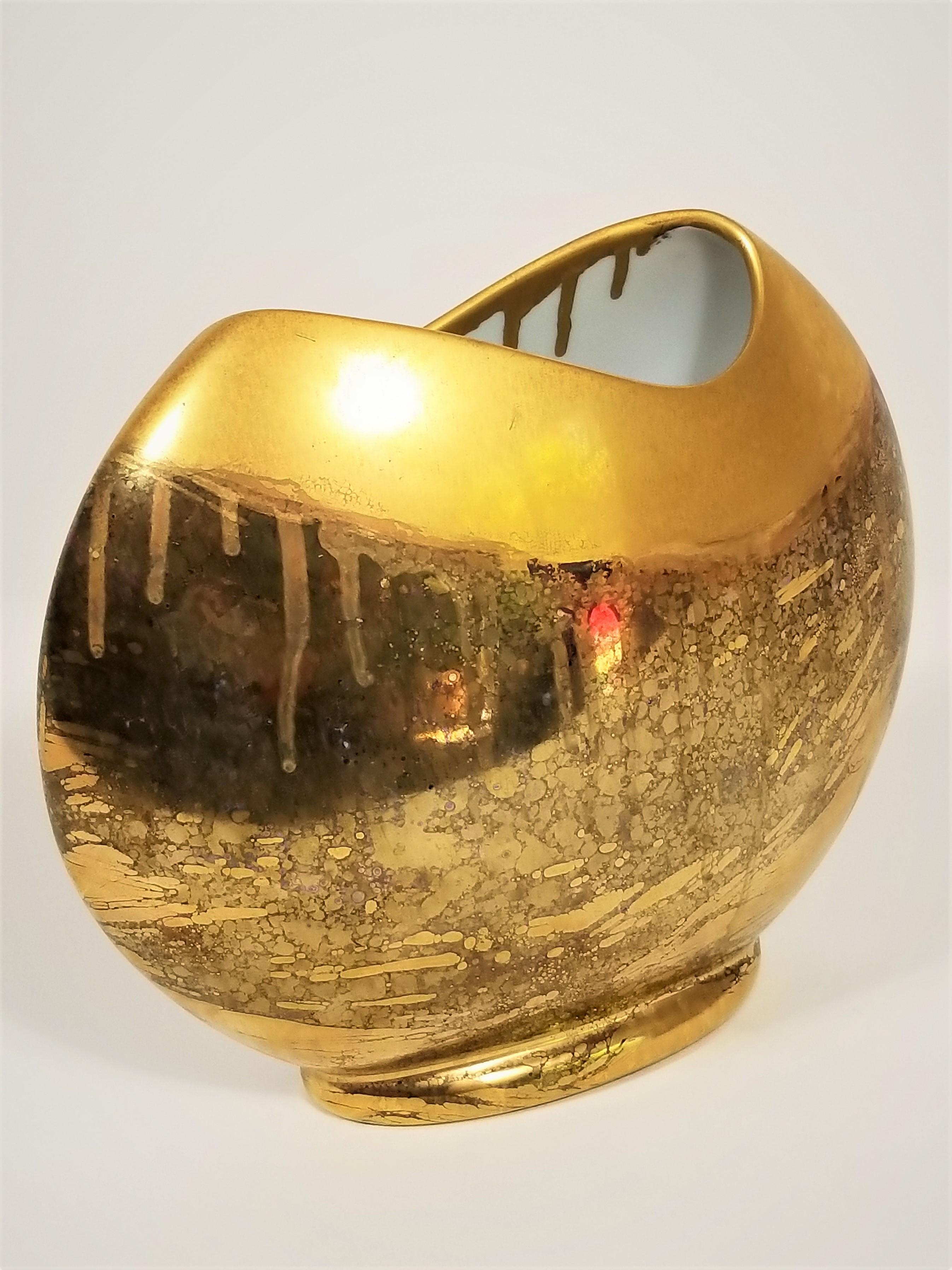 Vase Gold Metallic Glazed Ceramic Signed In Good Condition In New York, NY
