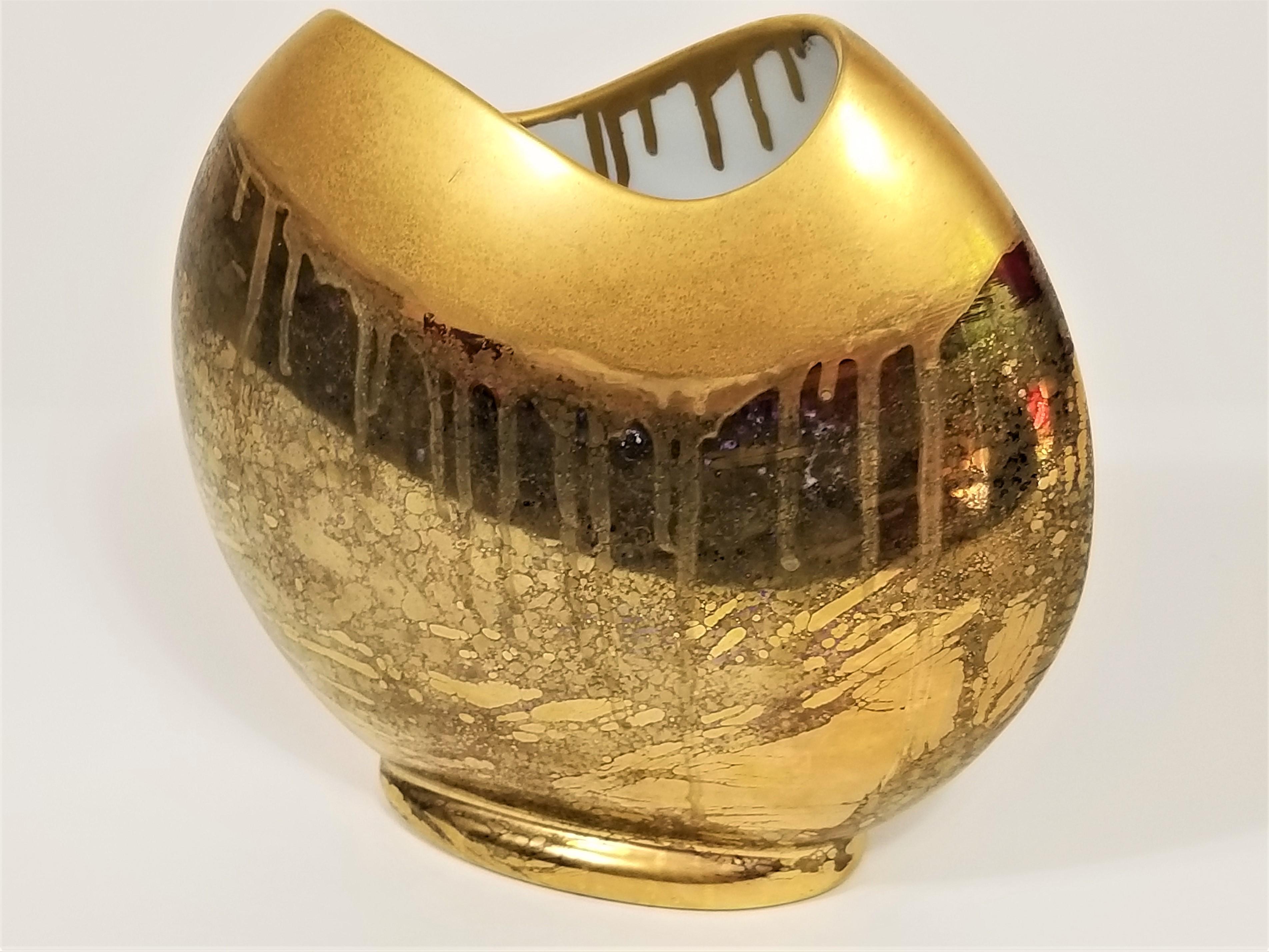 20th Century Vase Gold Metallic Glazed Ceramic Signed