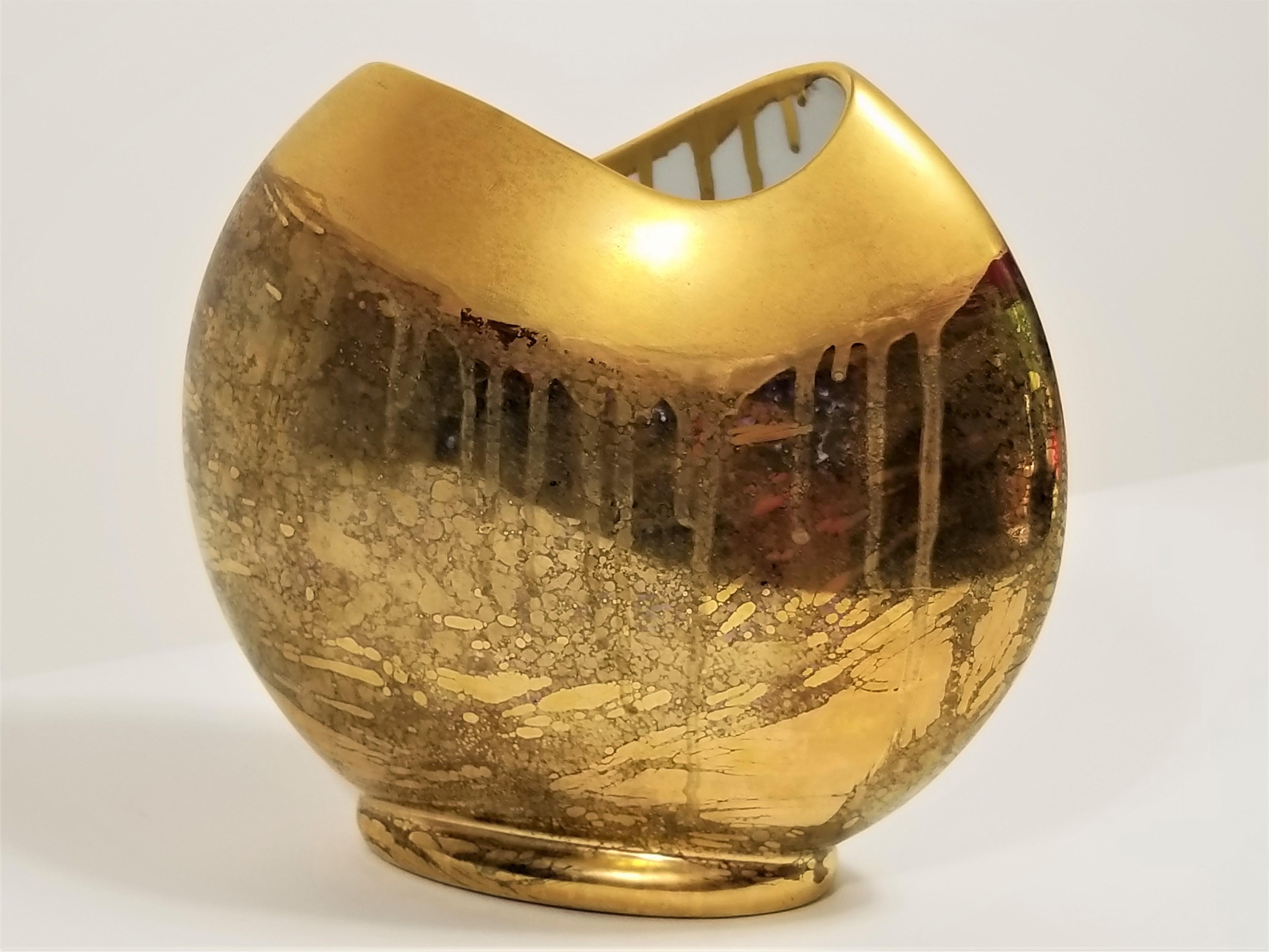 Vase Gold Metallic Glazed Ceramic Signed 1