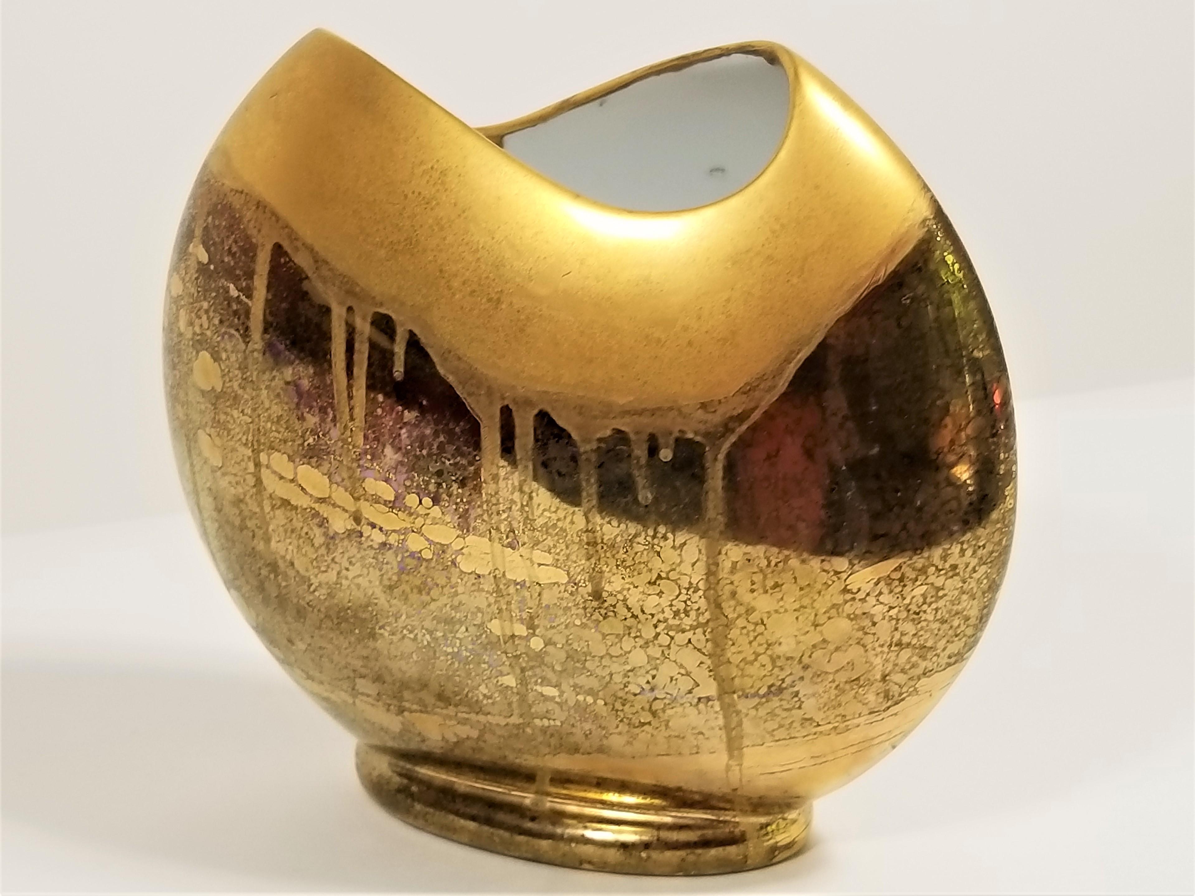 Vase Gold Metallic Glazed Ceramic Signed 2