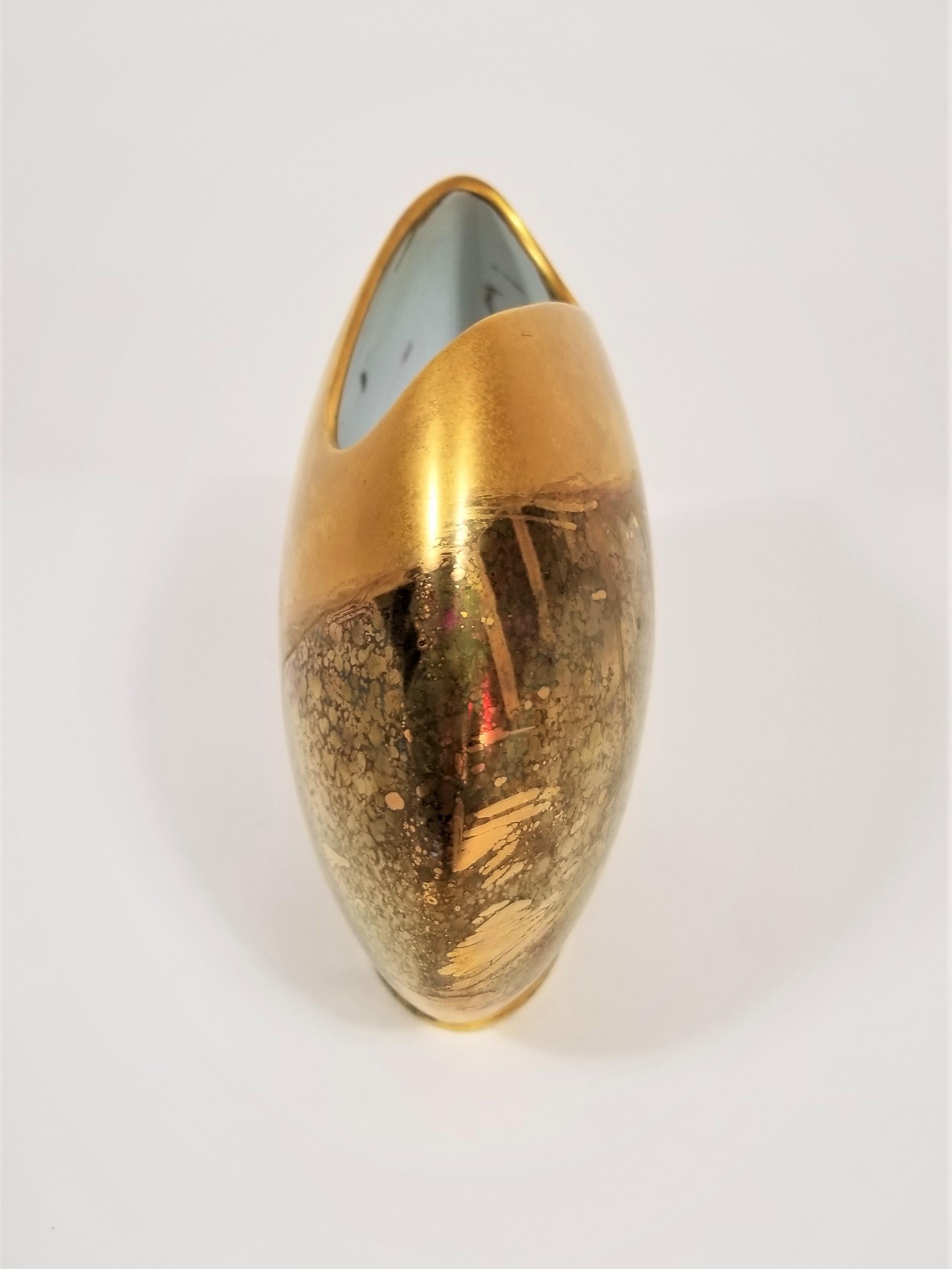 Vase Gold Metallic Glazed Ceramic Signed 3