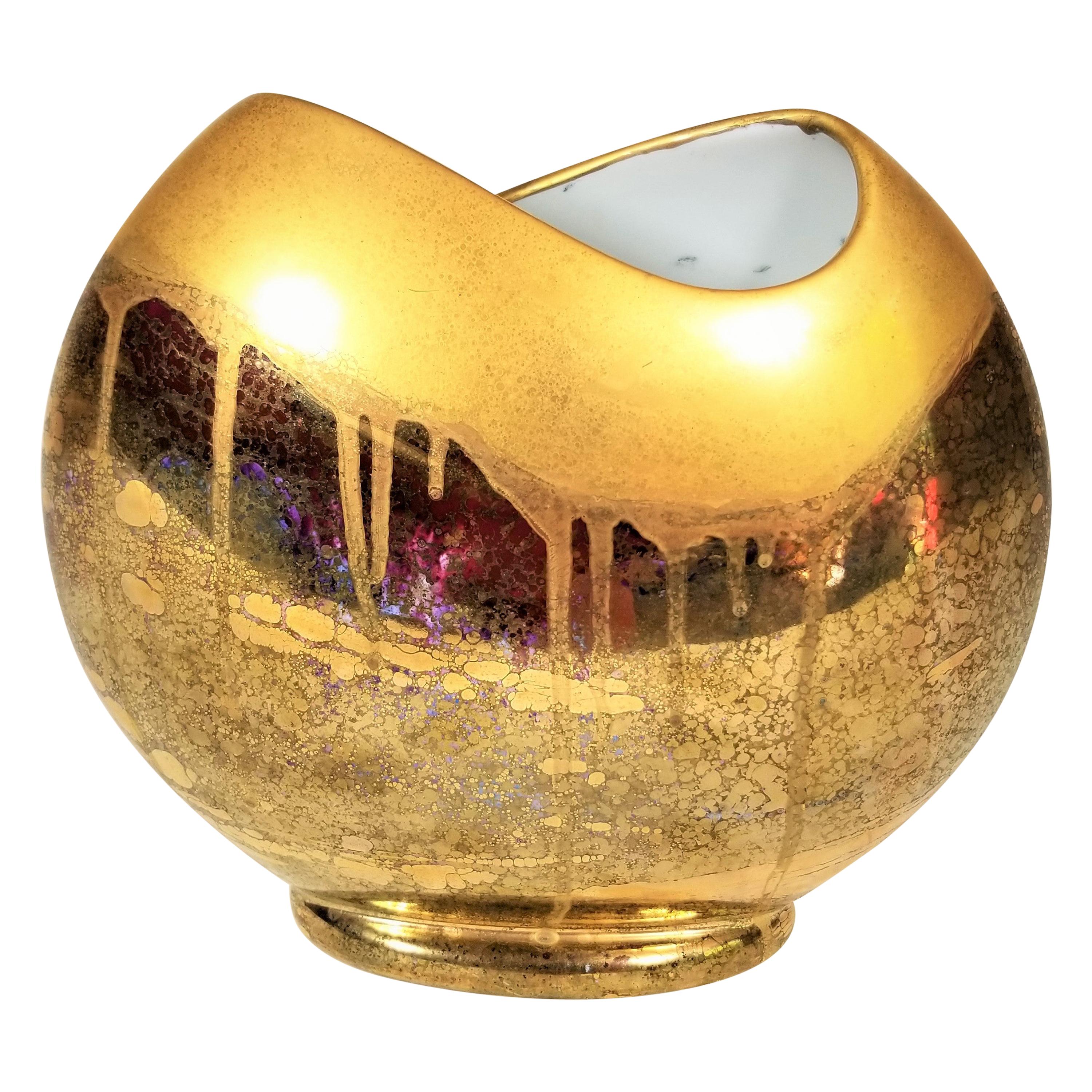 Vase Gold Metallic Glazed Ceramic Signed