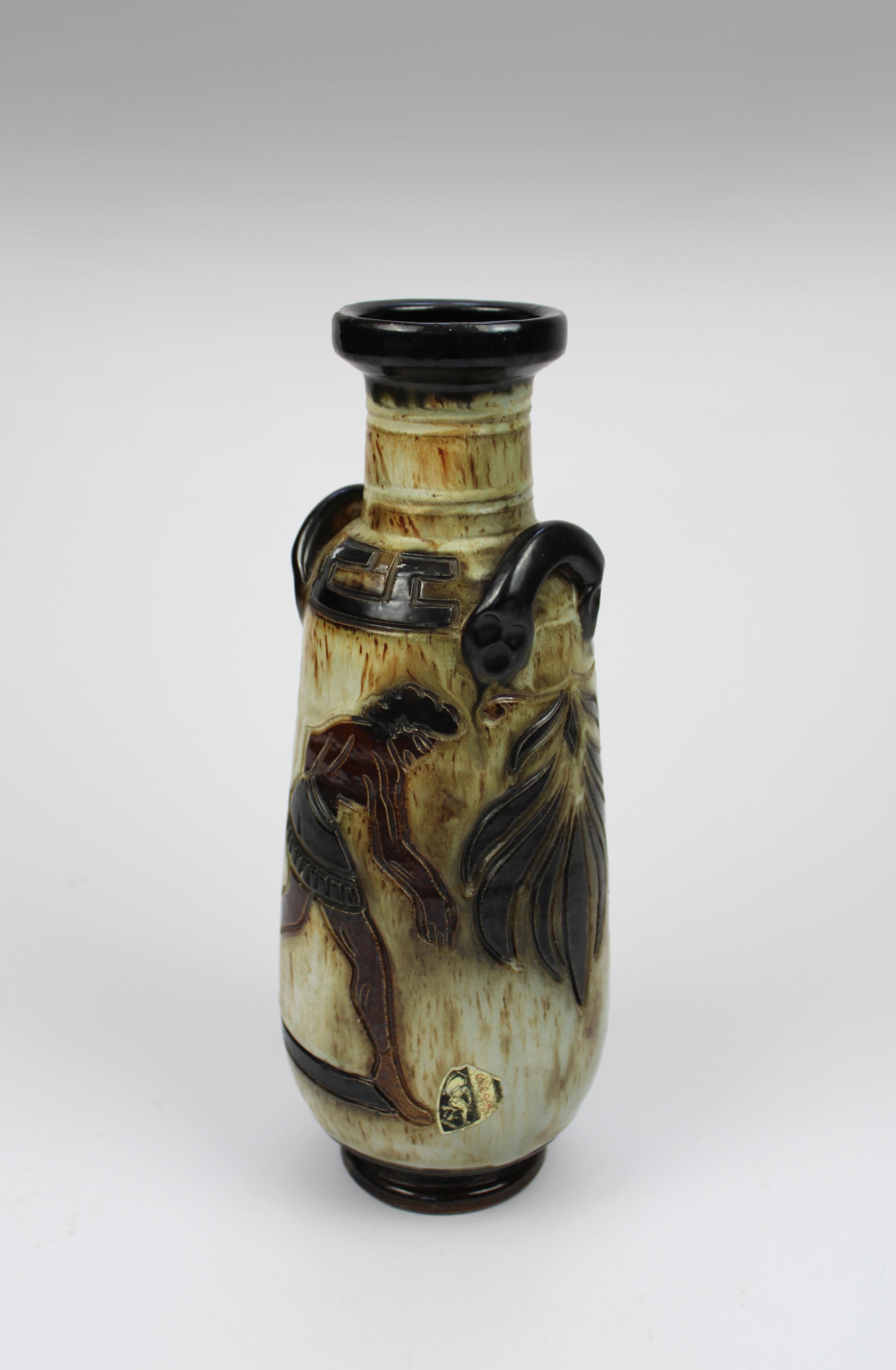 Français Vase Art Déco double face décoré de Grèce émaillée au sel de Guerin, Belgique en vente
