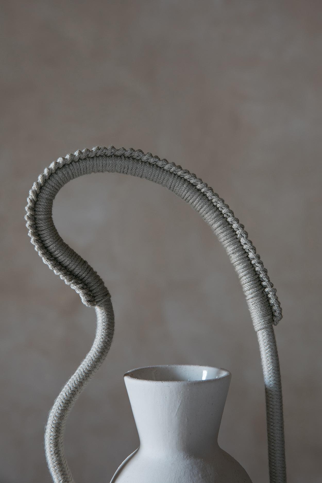 Contemporary Vase Handmade Crochet in Stoneware, Acrylic, Cotton Limited Edition