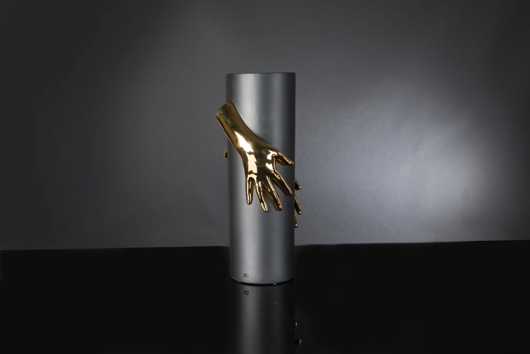 Modern Vase Hands, Matt Black and Gold Ceramic, Italy For Sale