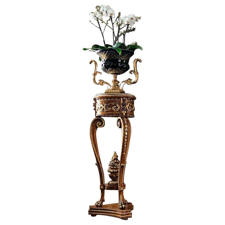 Porte-vase avec plateau en marbre crème Valencia et finitions en noyer