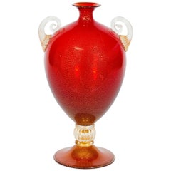 Vase in Blown Murano Glass Red and 24-Karat Gold, 1960s, Italy