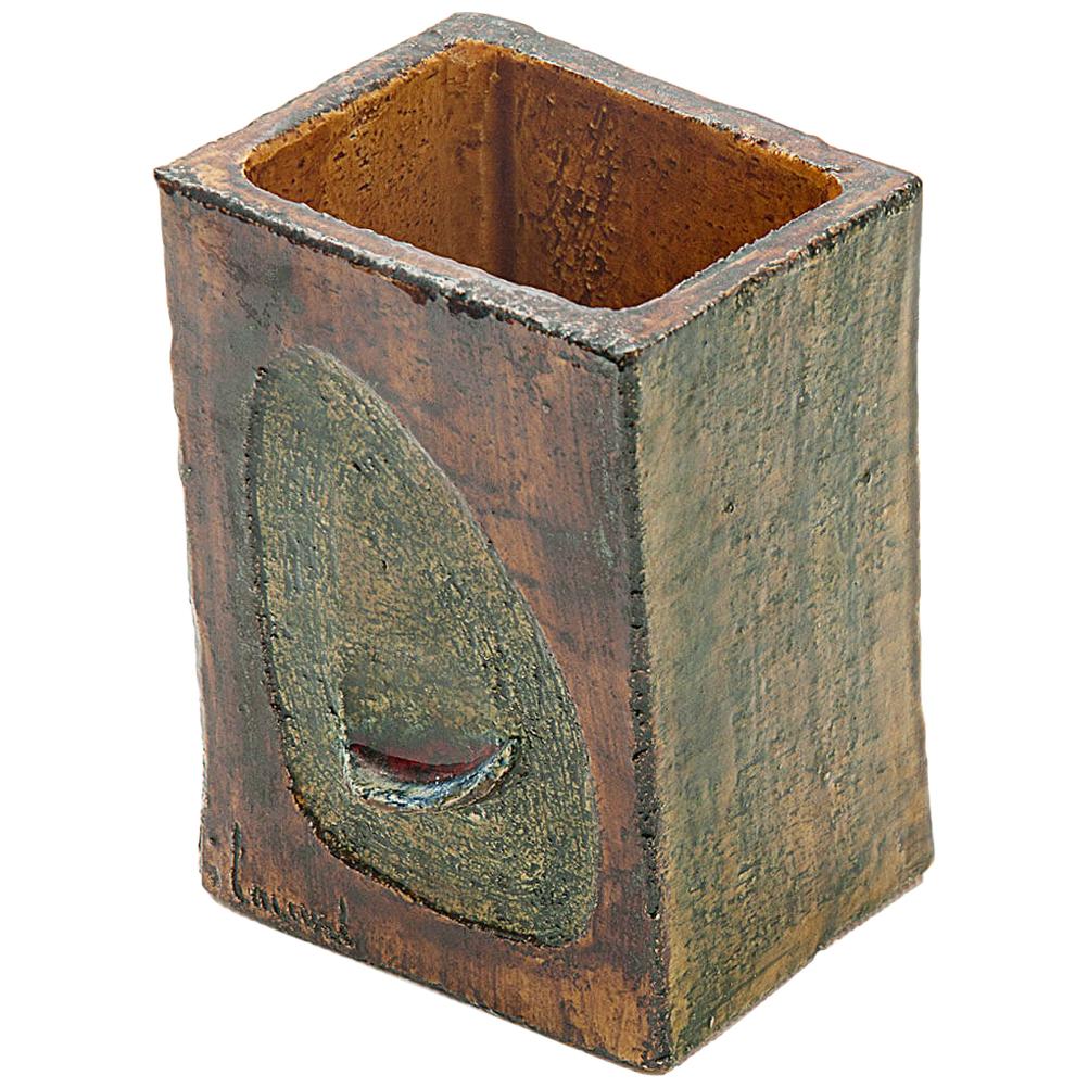 Vase in Ceramic by François Lanusé, France 1960, Green and Brown Color, Signed For Sale