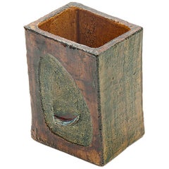 Vaso in ceramica di François Lanusé, Francia 1960, colore verde e marrone, firmato