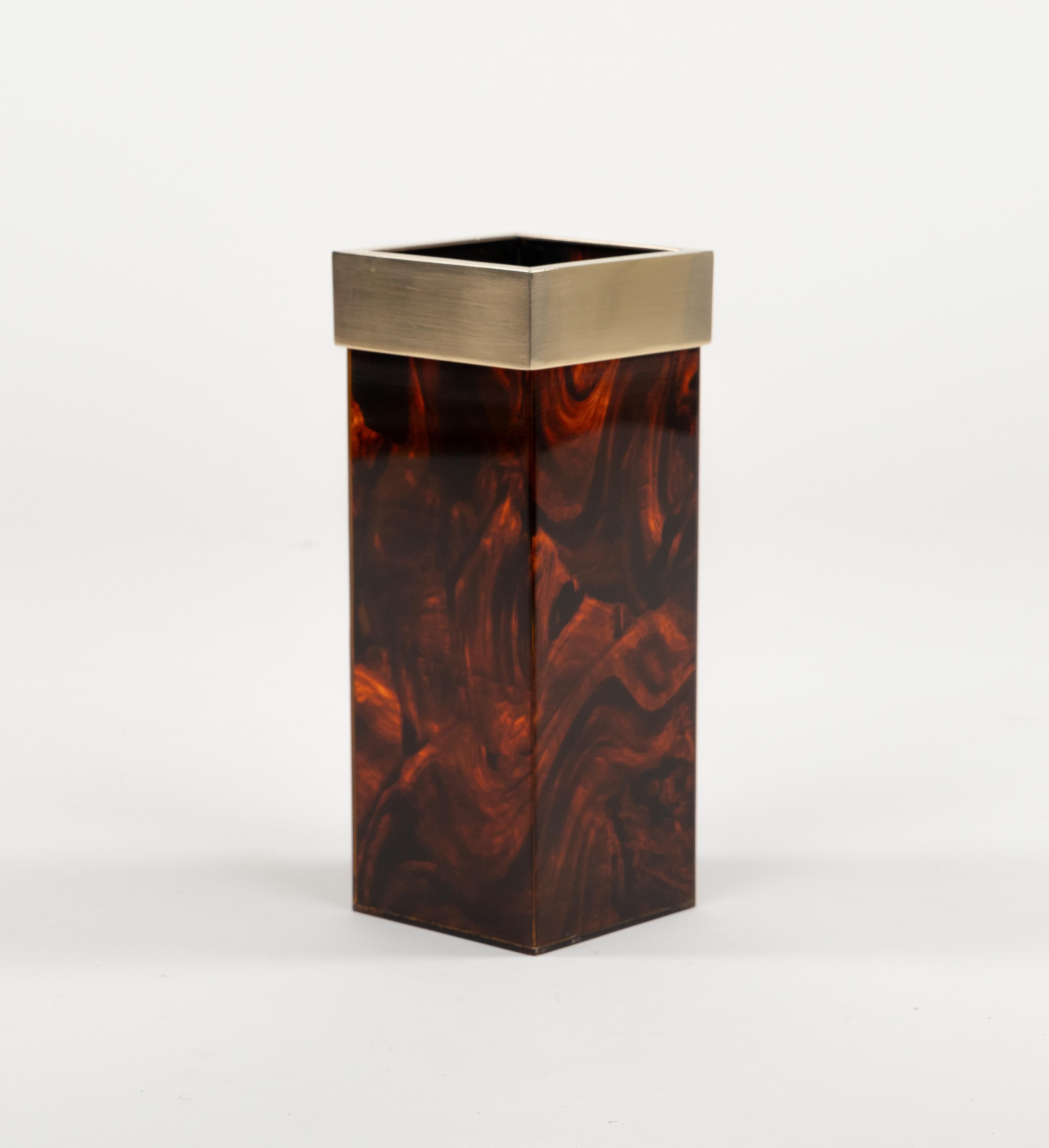 Italian Vase in Effect Tortoiseshell Lucite and Brass Christian Dior Style, Italy 1970s For Sale