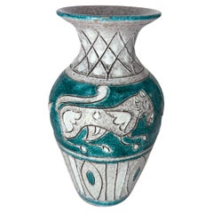 Retro Vase in Enameled Ceramic Green and White Italy 1970 signed