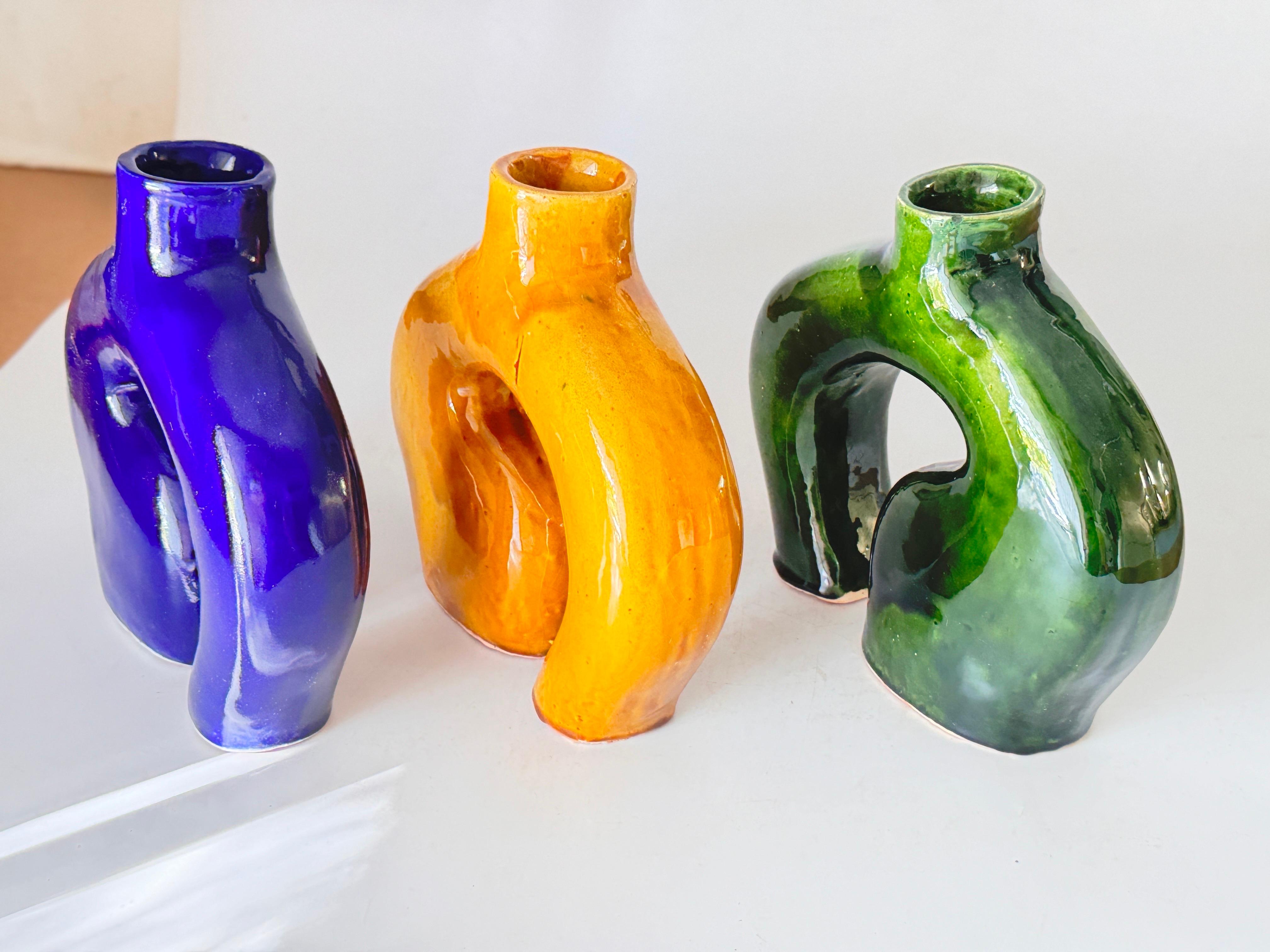 Vase in Enameled Ceramic Green, Blue and White Italy 1970 Set of 3 For Sale 6