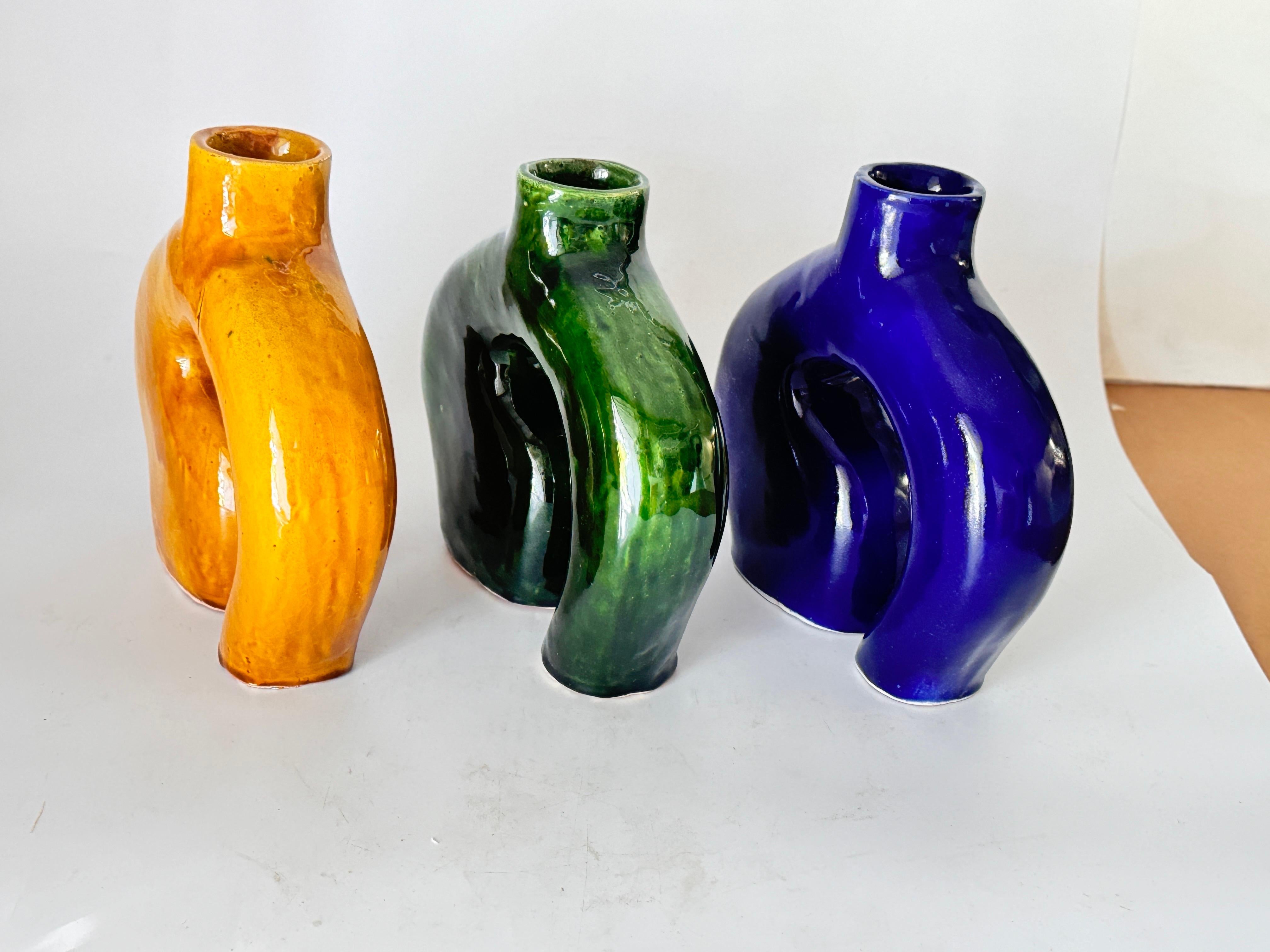 Vase in Enameled Ceramic Green, Blue and White Italy 1970 Set of 3 For Sale 7