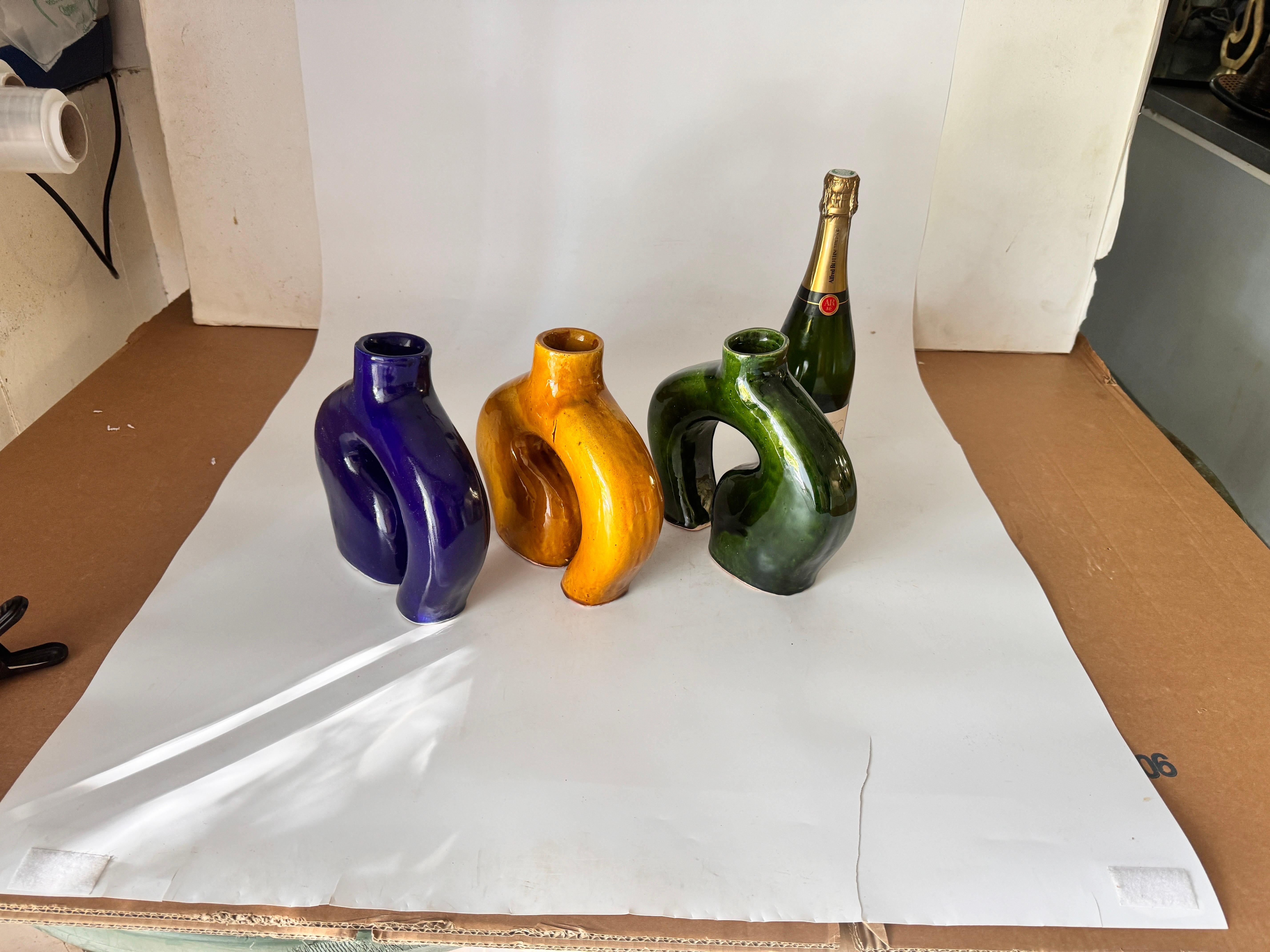 French Vase in Enameled Ceramic Green, Blue and White Italy 1970 Set of 3 For Sale