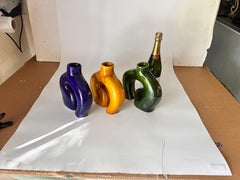 Vase in Enameled Ceramic Green, Blue and White Italy 1970 Set of 3