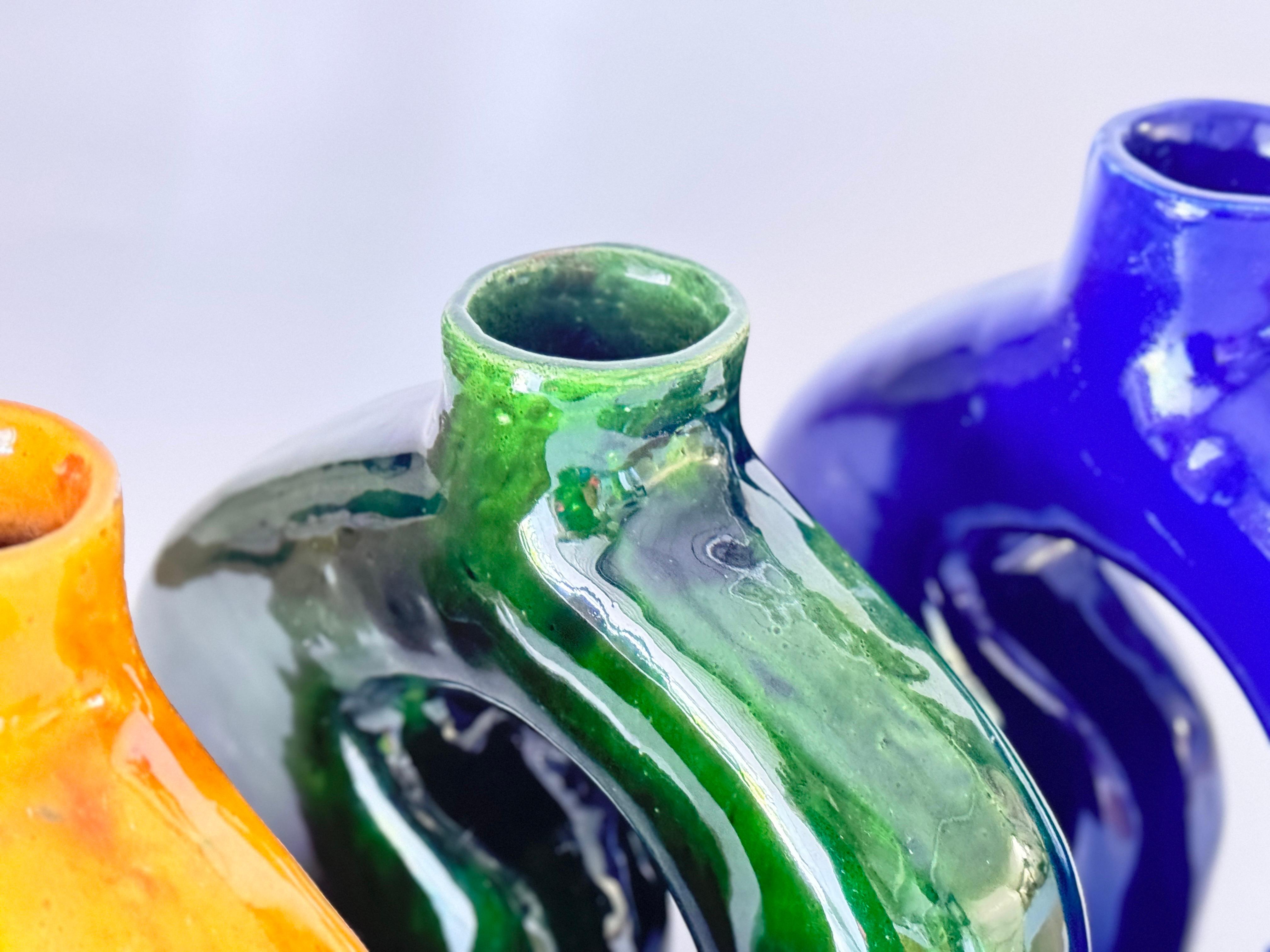 Vase in Enameled Ceramic Green, Blue and White Italy 1970 Set of 3 For Sale 5