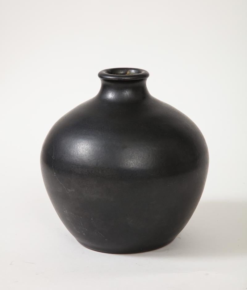 20th Century Round Black Glazed Ceramic Vase by Leon Pointu, France, c. 1930 For Sale