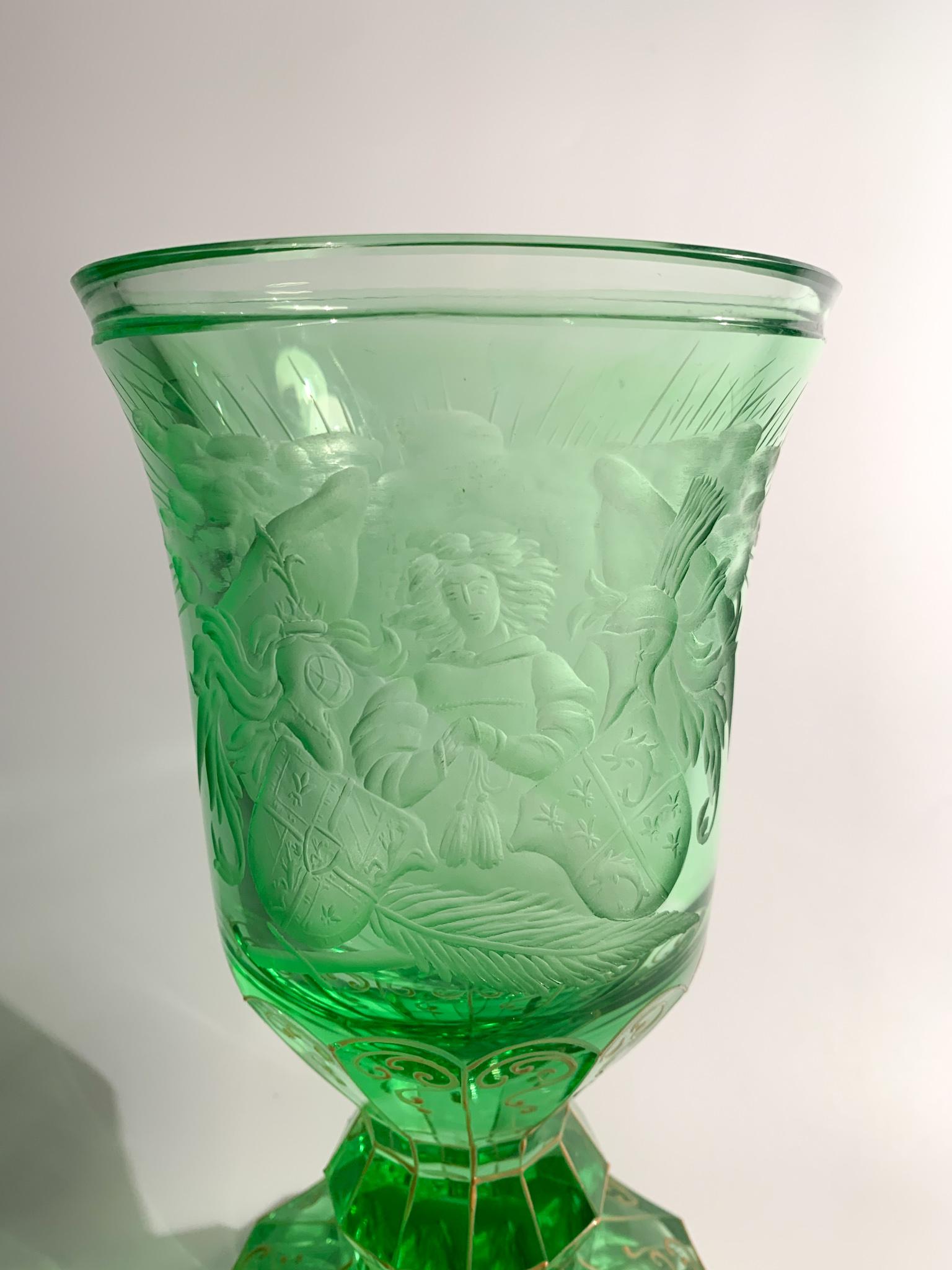 German Vase in Green Biedermeier Crystal Decorated with Acid from the 1800s