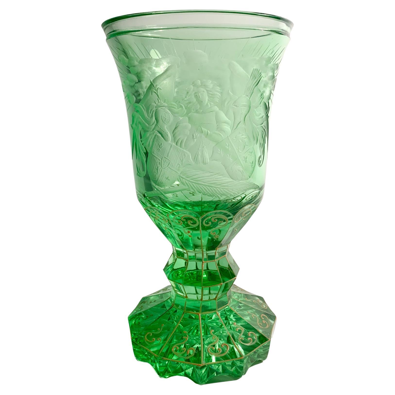 Vase in Green Biedermeier Crystal Decorated with Acid from the 1800s