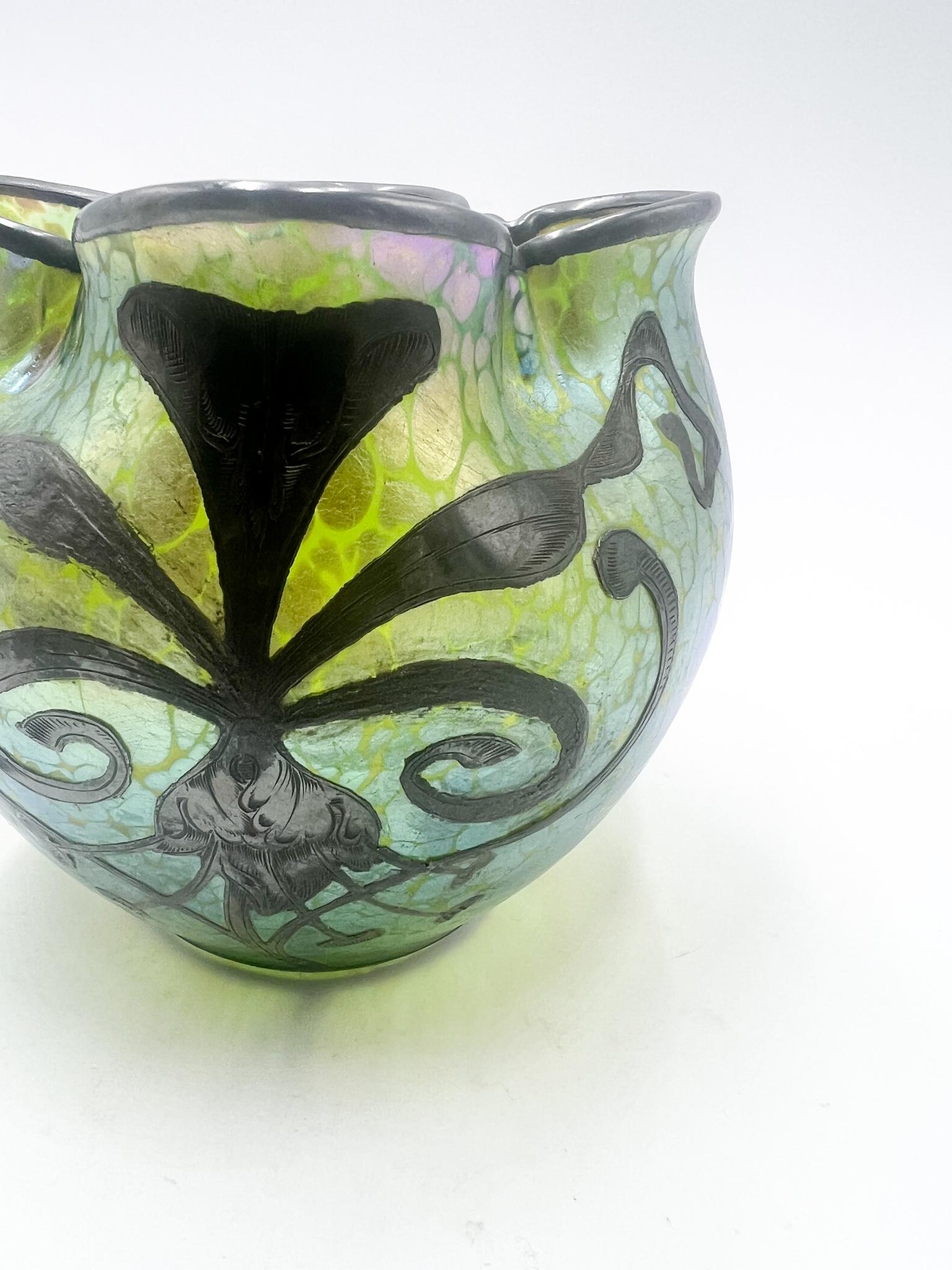 Art Nouveau Vase in Liberty Green Iridescent Glass and Silver Metal by Loetz, 1910