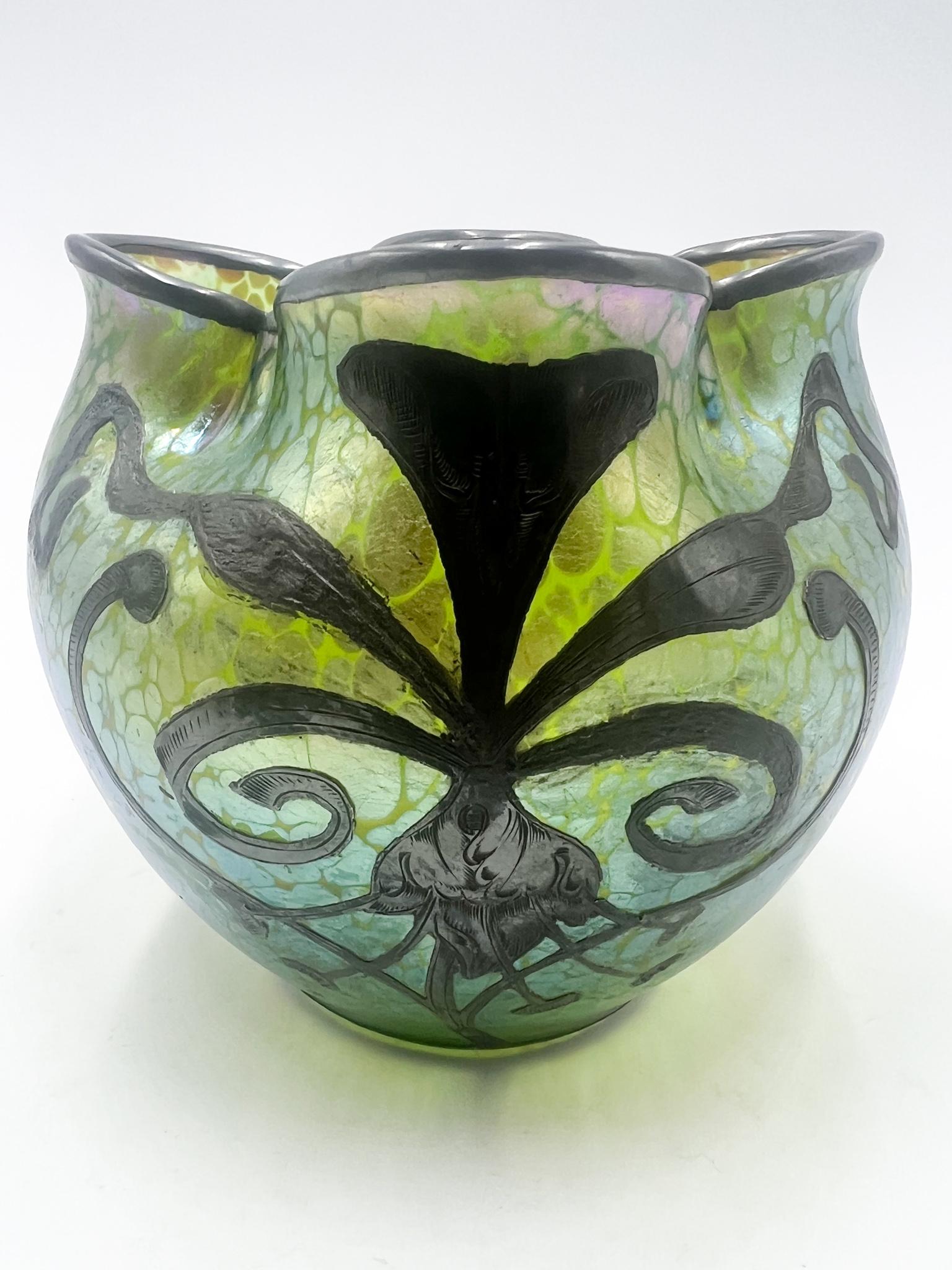 Austrian Vase in Liberty Green Iridescent Glass and Silver Metal by Loetz, 1910