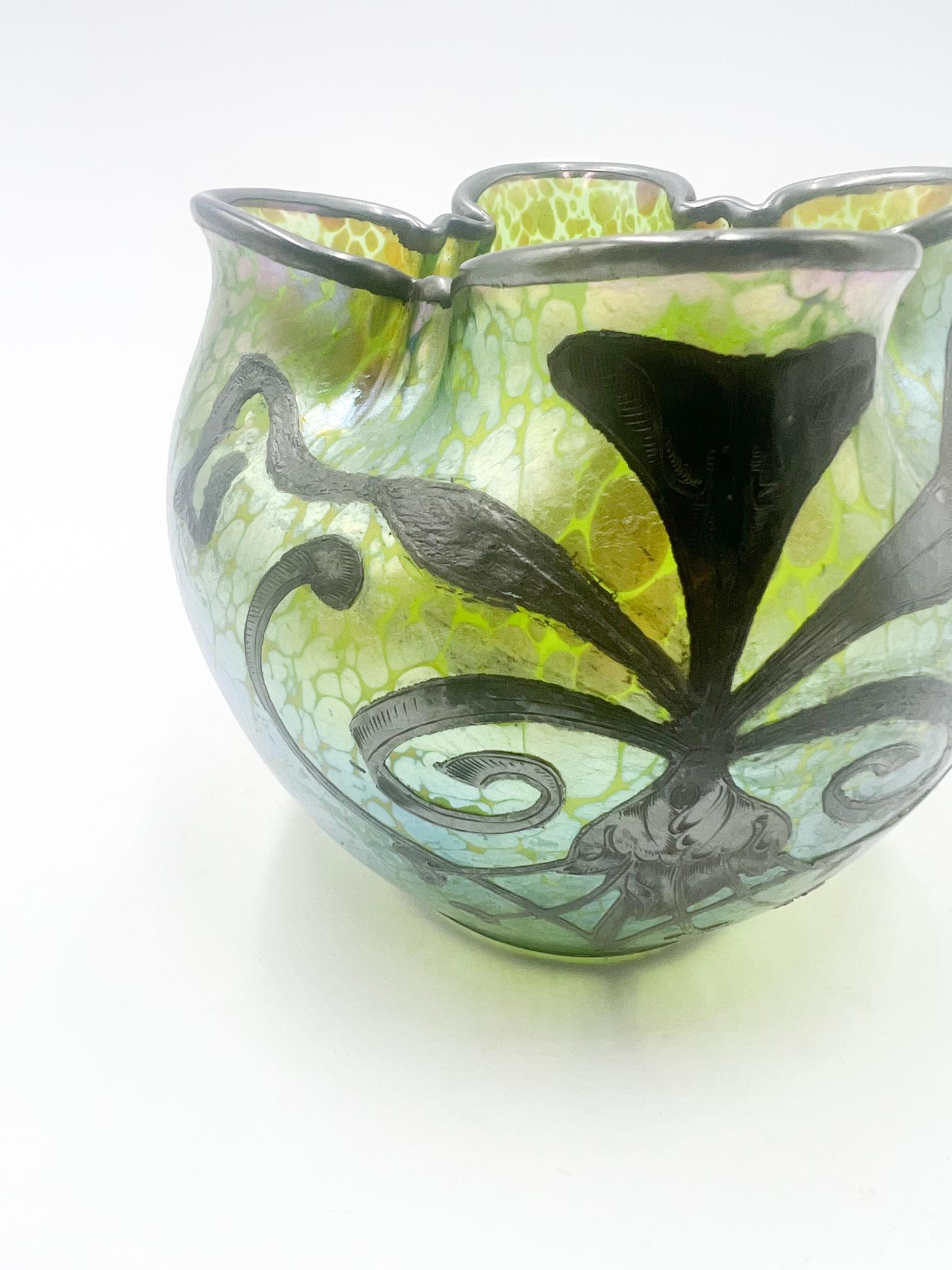 Early 20th Century Vase in Liberty Green Iridescent Glass and Silver Metal by Loetz, 1910