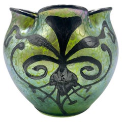 Vase in Liberty Green Iridescent Glass and Silver Metal by Loetz, 1910