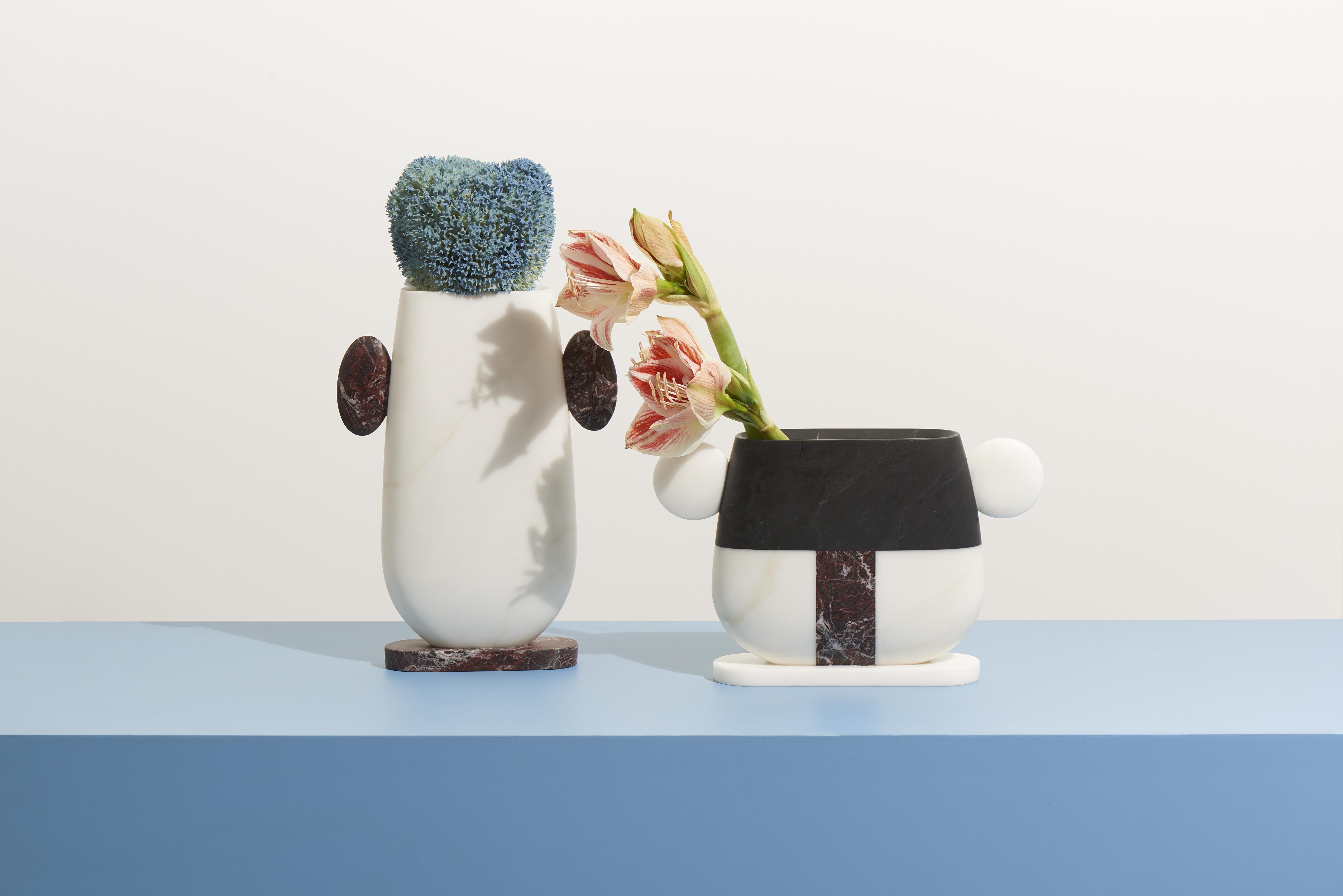 Italian New Modern Vase in Nero and White Marbles, Creator Matteo Cibic Stock For Sale