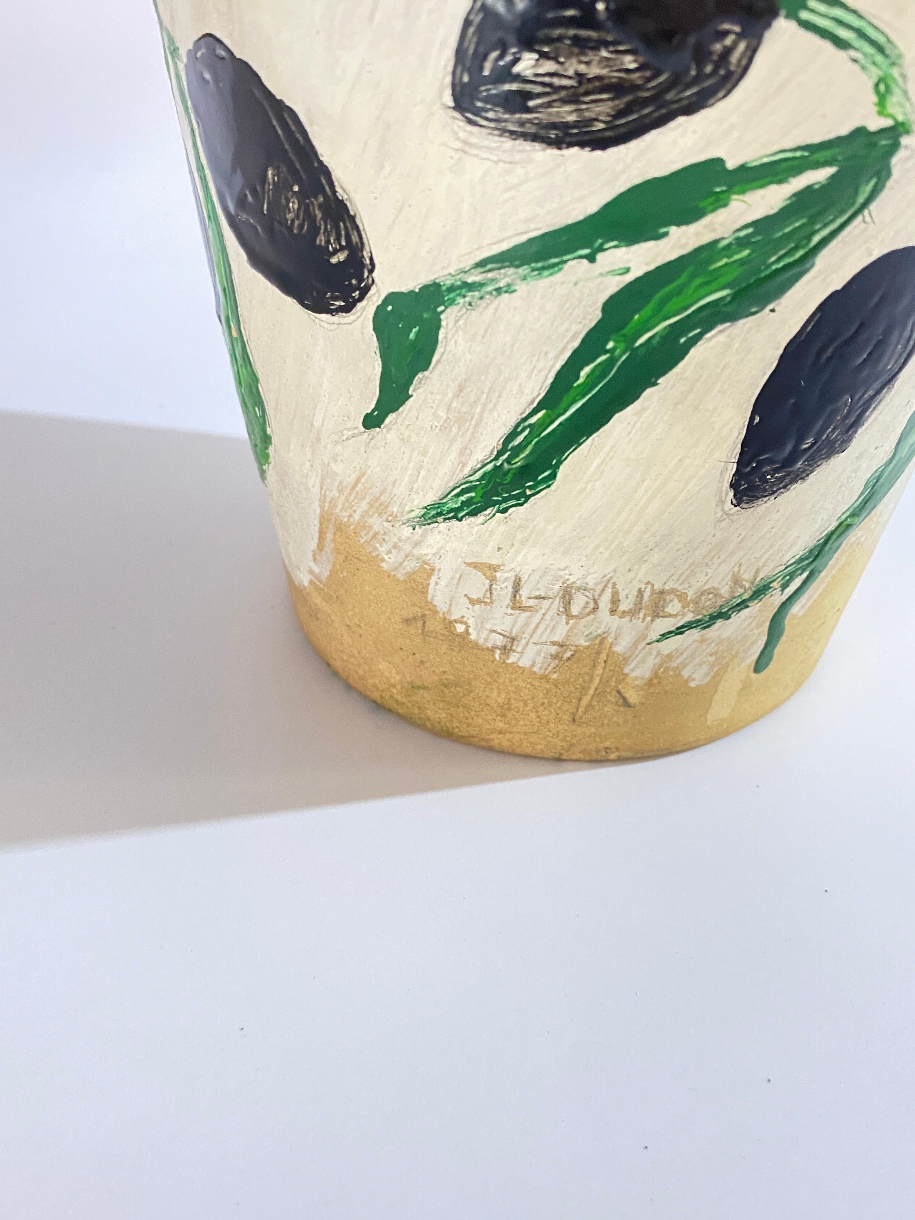 Hand-Painted Vase in Painted Ceramic, Vallauris, White, Green, and Black, France 1977, Signed For Sale